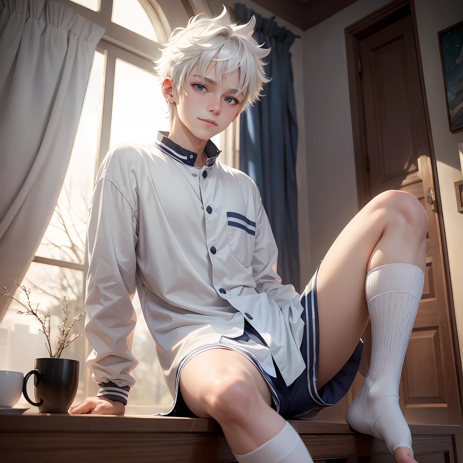 White-haired Shota, starry sky , 15 yo, blue eye, spiky hair, 1 boy, 15 yo, solo, looking at viewer, (masterpiece:1.4), (best quality:1.4), indoors, sitting, short hair, (wavy hair:0.9), (happy face), sunlight, shiny skin, white and grey hair, spiky hairstyle, wearing pajamas satin, material is shiny, open legs, white socks, upper body,bulge, sexy post