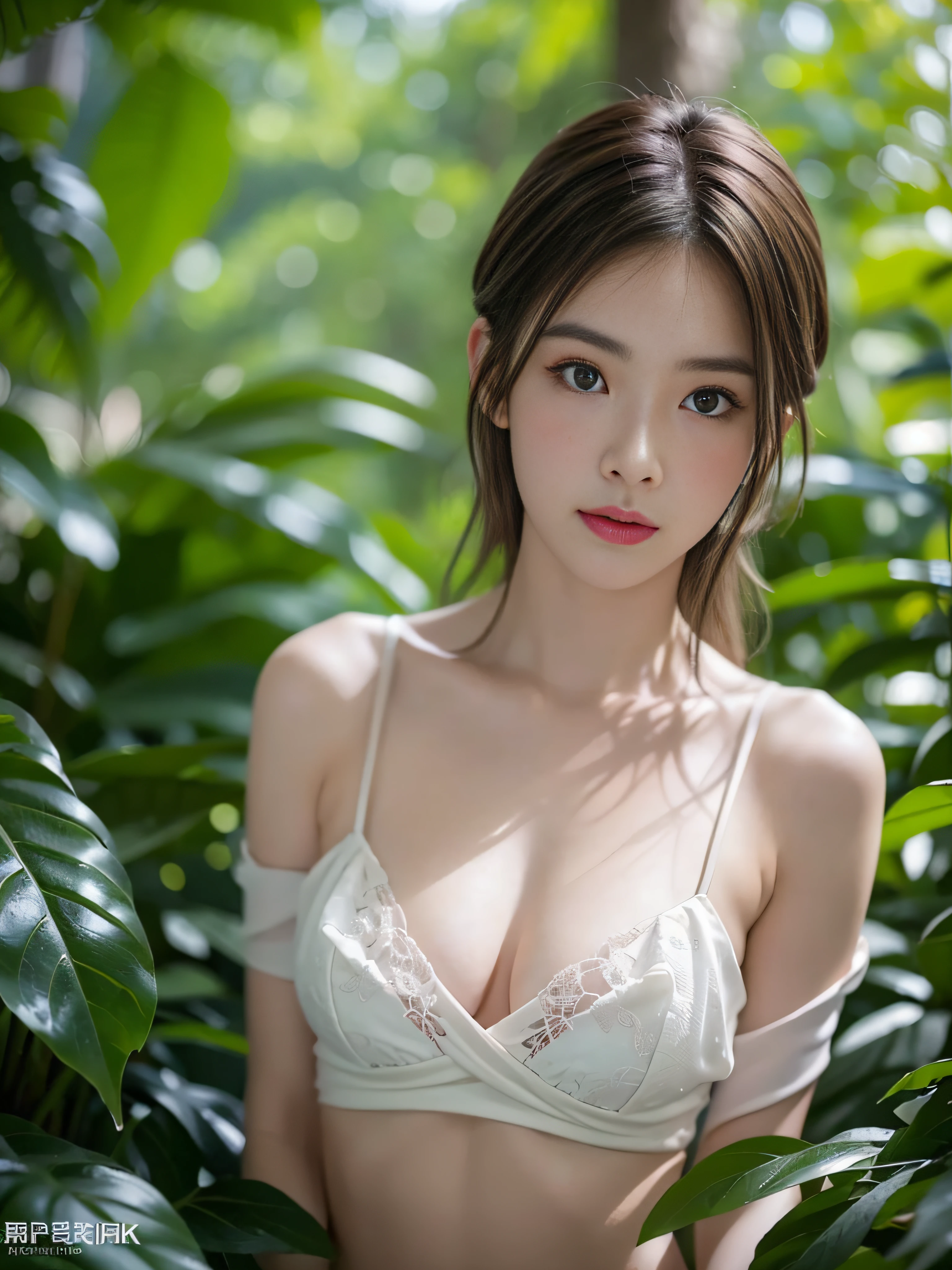 ((Realistic lighting、top-quality、8K、masterpiece:1.3))、Clear focus:1.2、NSFW:1.5, nudde:1.5、((realisitic)) , ((Real Light、top-quality))、Model body type:1.2、(brown haired、middlebreasts:1.2)、A sexy、Southland、In the rainforest、(23years old:1.4)、hyperdetailed face、A detailed eye、二重まぶた