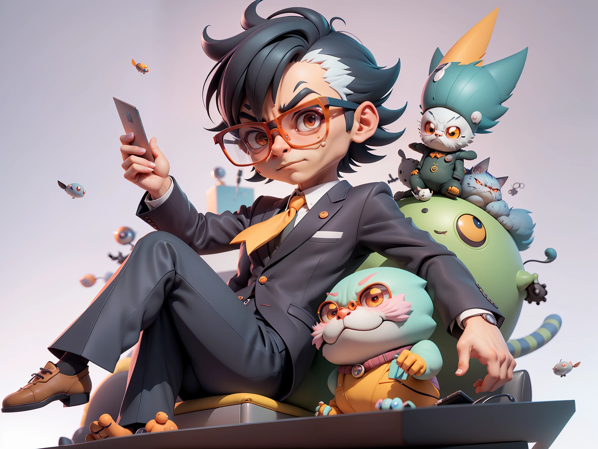 A young man in a suit, Short hair and glasses sat at his desk,holding laptop,digitial painting,tigre,3D character design by Mark Clairen and Pixar and Hayao Miyazaki and Akira Toriyama,4K HD illustration,Very detailed facial features and cartoon-style visuals。