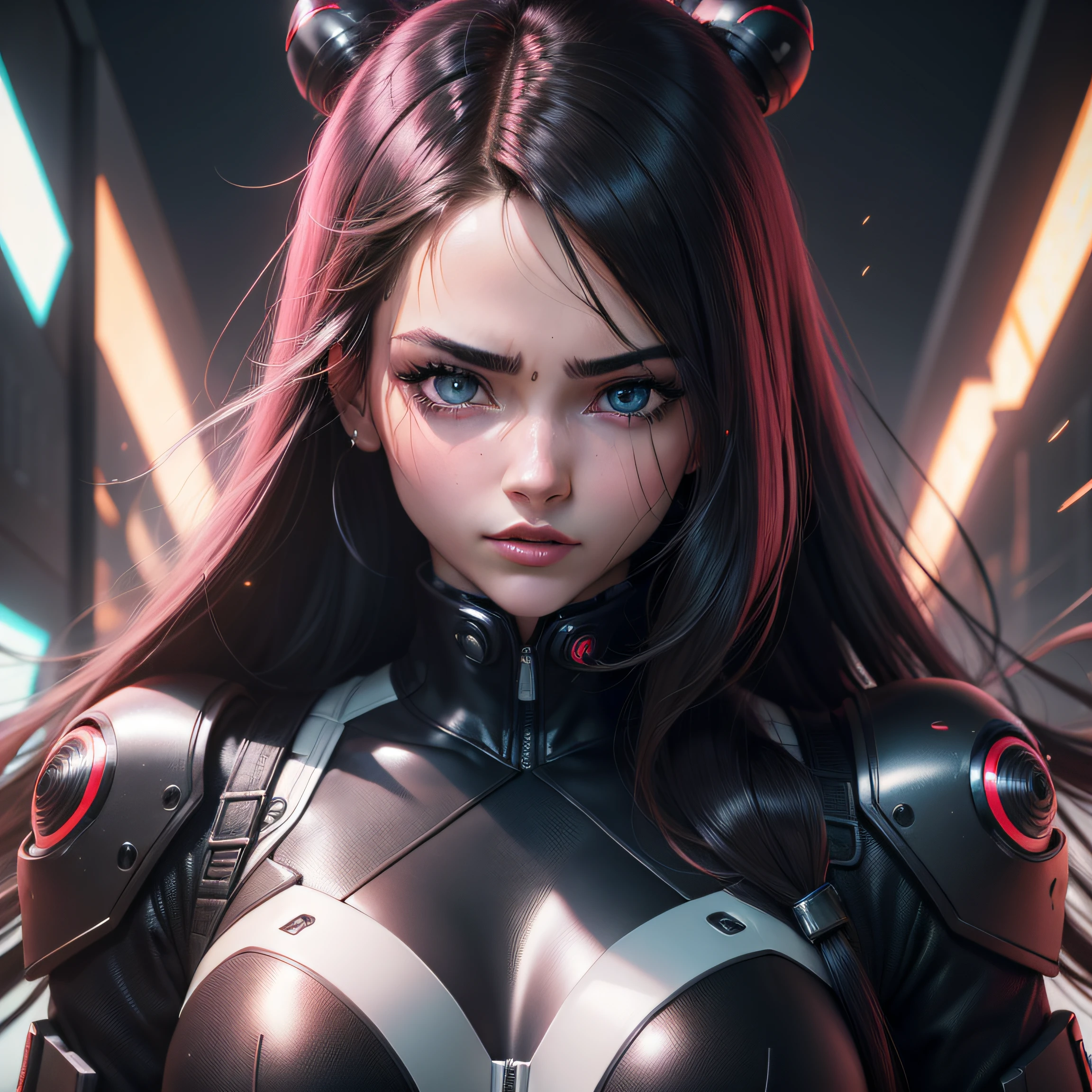 (8k, 4k, melhor qualidade, highres, ultra alta res:1.1), (anime:1.1), 1girl, rosto, close-up, olhos castanhos, cabelo curto, long eyeslashes, sombra, rosto pequeno, olhos grandes, cyberpunk, Action Pose