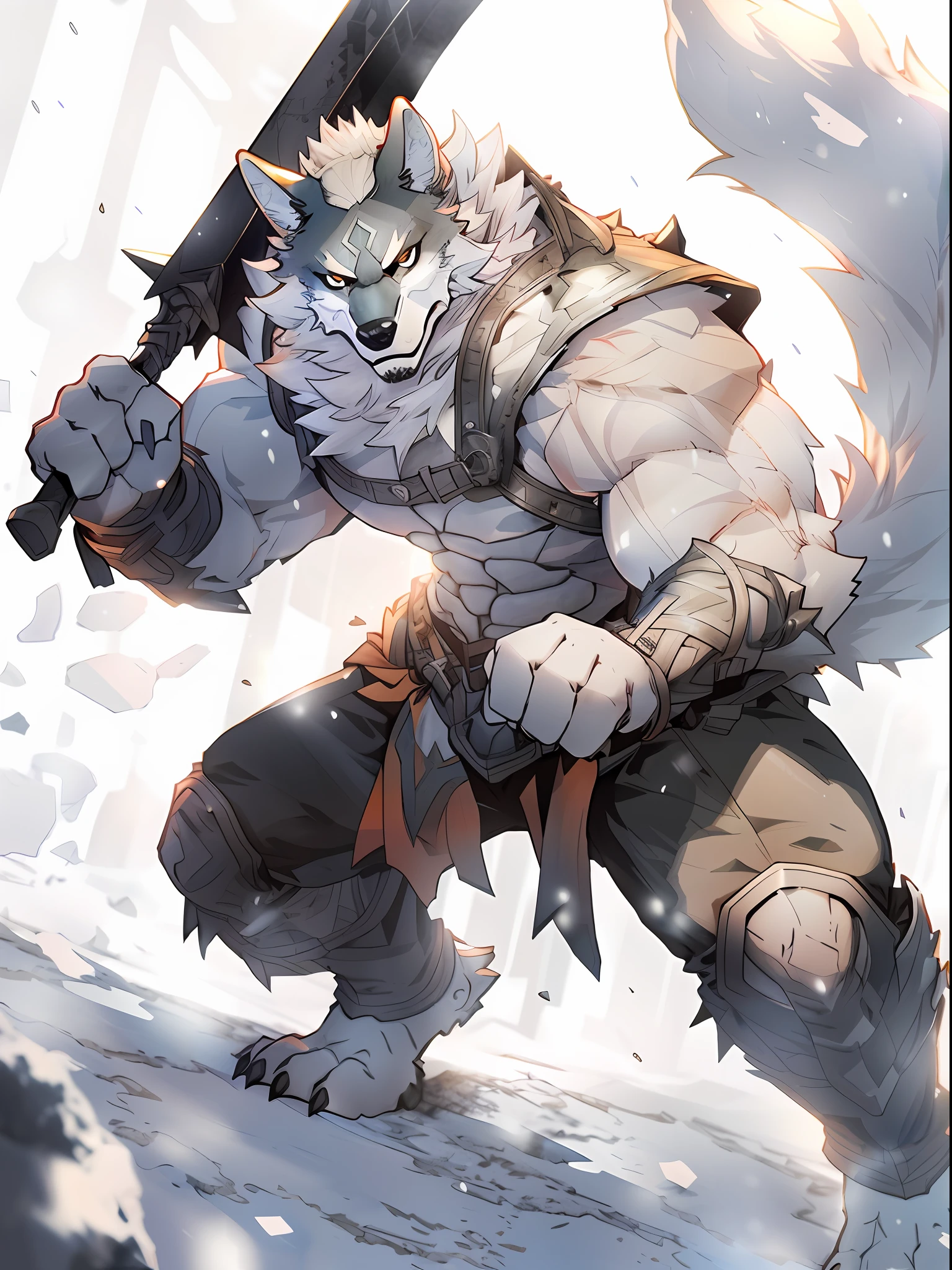 anime figure，Sword in the snow, muscular werewolf, good boy giant mecha wolf hound, a minotaur wolf, as a badass monster hunter, large wolf, berserker potrait, gnoll, wolf armor, detailed anime character art, an anthro wolf, fighting game character, trending on artstation pixiv, Berserker