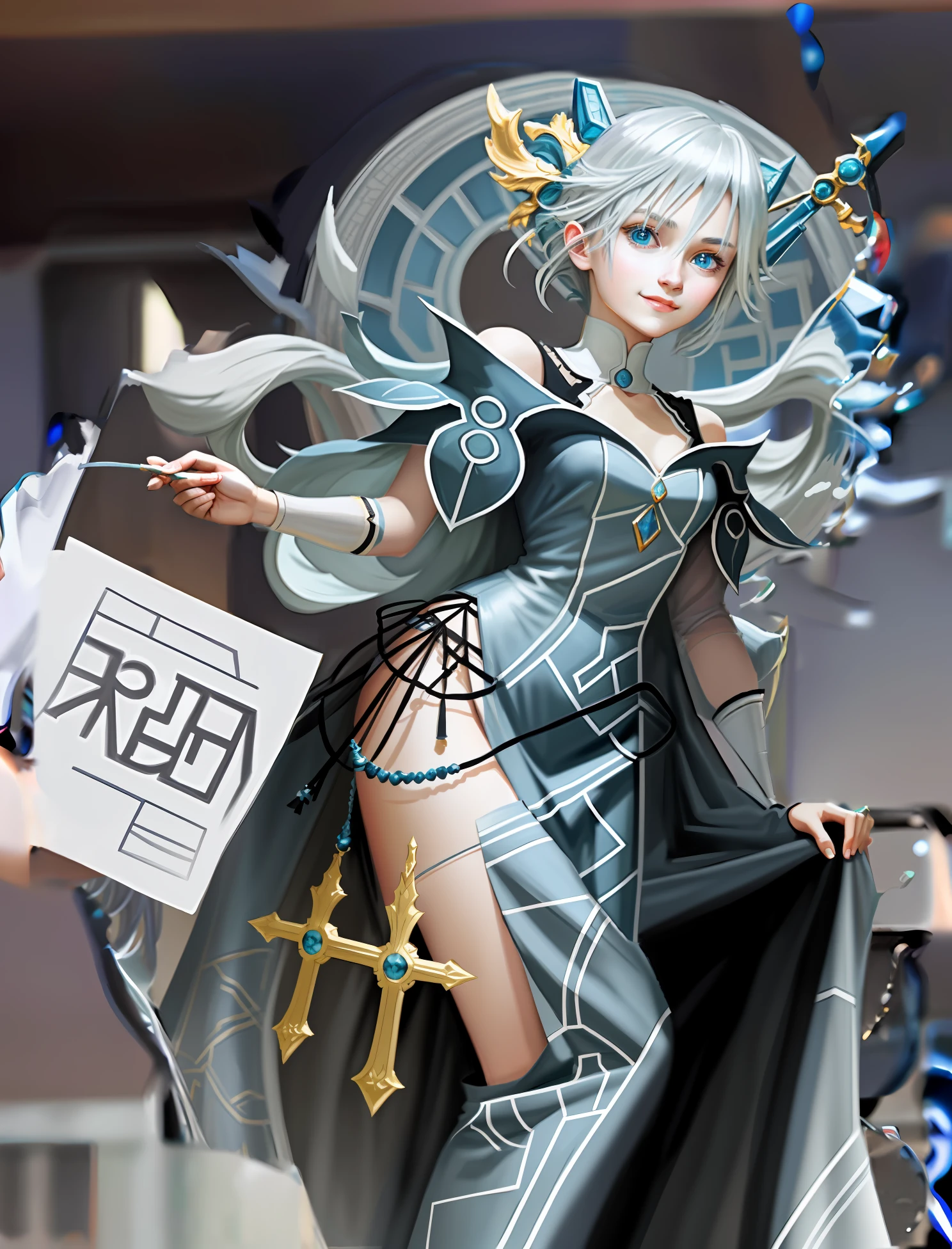 Silver hair and blue eyes，ssmile，Great masterpiece，Ultra-detailed，Gentle maiden，dual horsetail，long whitr hair