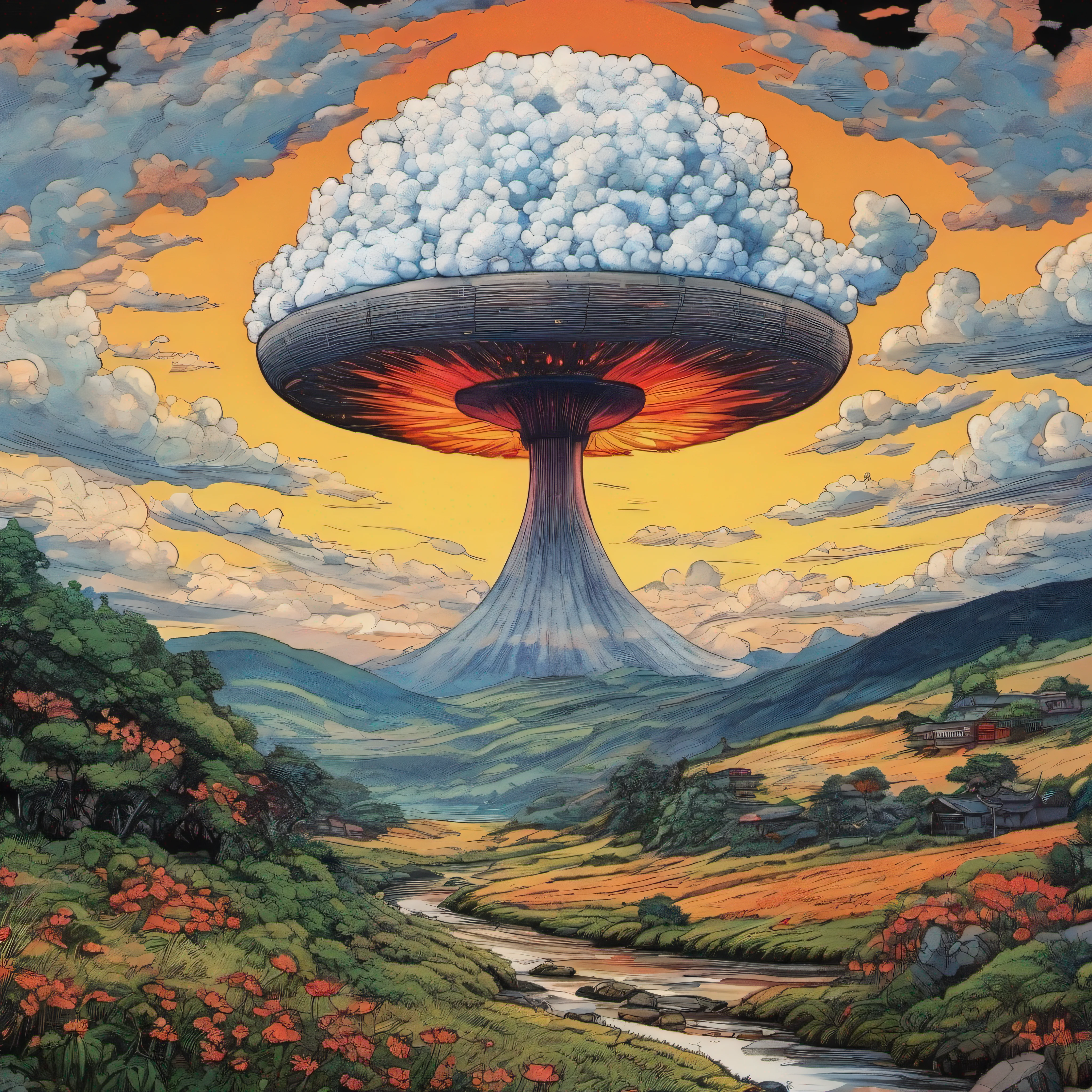 poderosa bomba nuclear, atomic mushroom reaching the clouds, gigantesca bola de fogo, grande onde de choque