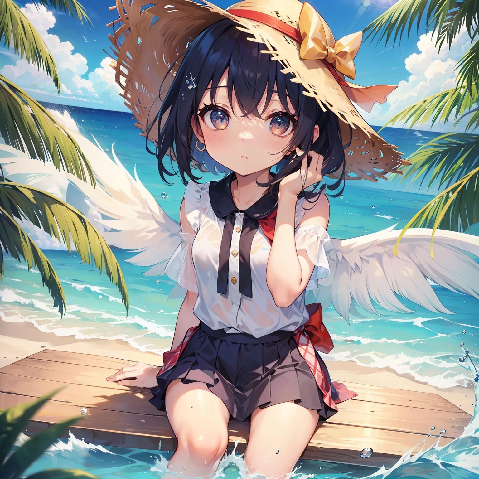 1girl in、SD Character、(((Chibichara)))、tchibi、Michara、a straw fedora hat、Sunglasses over straw hat、Summer Sea、(surfboard)、Palm trees、swim wears、Water droplets、((Grow large wings))、wings are symmetrical