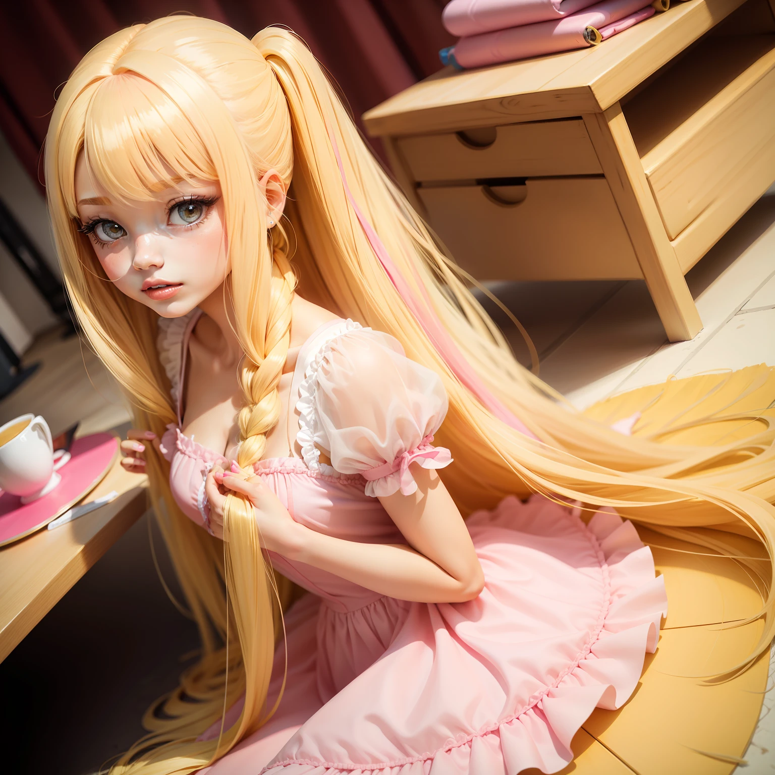 Barbie girl with pink dress with long yellow hair