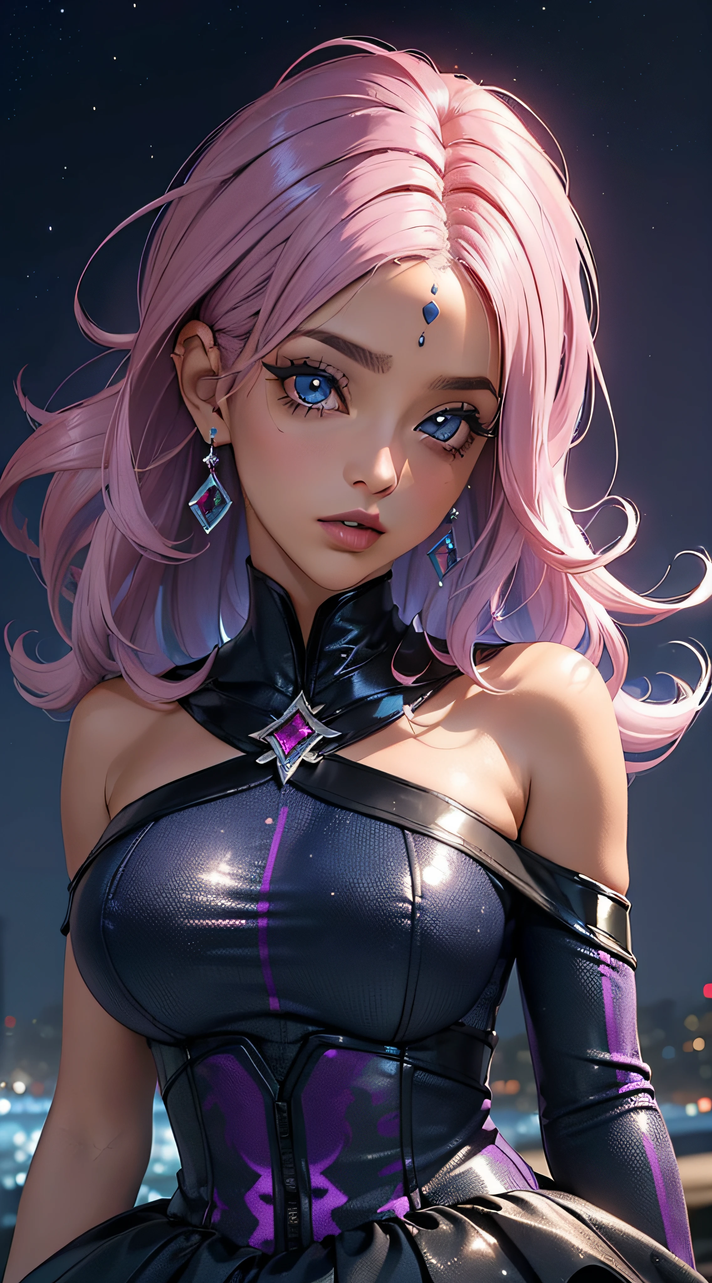 "((Cabelo rosa:1.3),(cabelo liso),(roupa preta com roxo),(olhos grandes azul meia noite perola brilhante),(pele palida),(close-up),(alto contraste))"