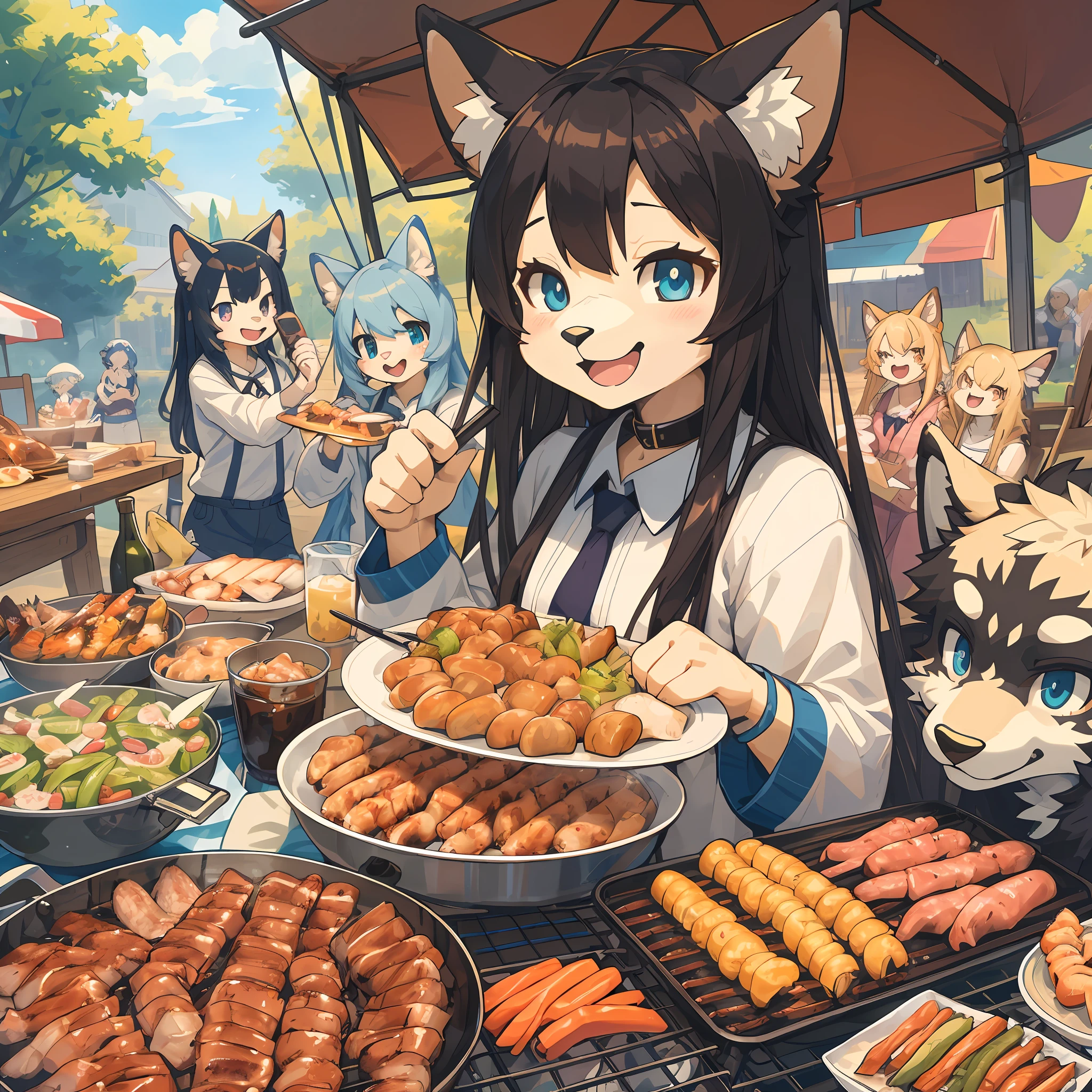 top quality, best quality, High-quality illustrations, masterpiece, super high resolution, detailed background, detailed background, BBQ, group shot:0.5, 6+boys, 6+girls, Happy, joyful, absurdres(highly detailed beautiful face and eyes)perfect anatomy(kemono, furry anthro)selfie:0.2,