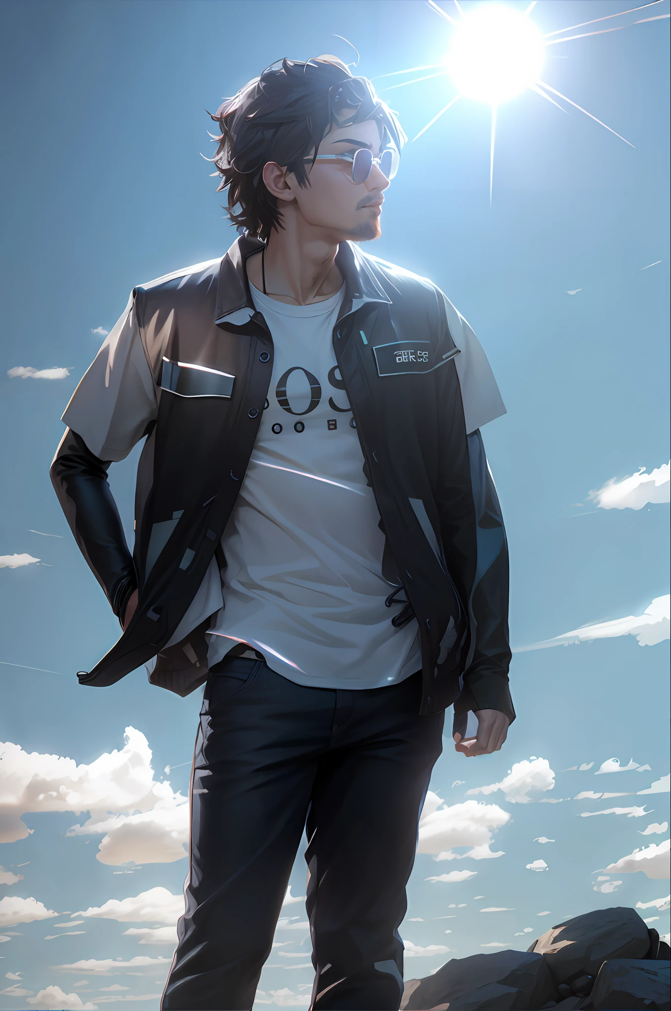 there is a man standing on a rock with a jacket on, makoto shinkai. octane render, makoto shinkai. digital render, makoto shinkai ( apex legends ), makoto shinkai style, in style of makoto shinkai, makoto shinkai art style, artwork in the style of guweiz, makoto shinkai. high detail