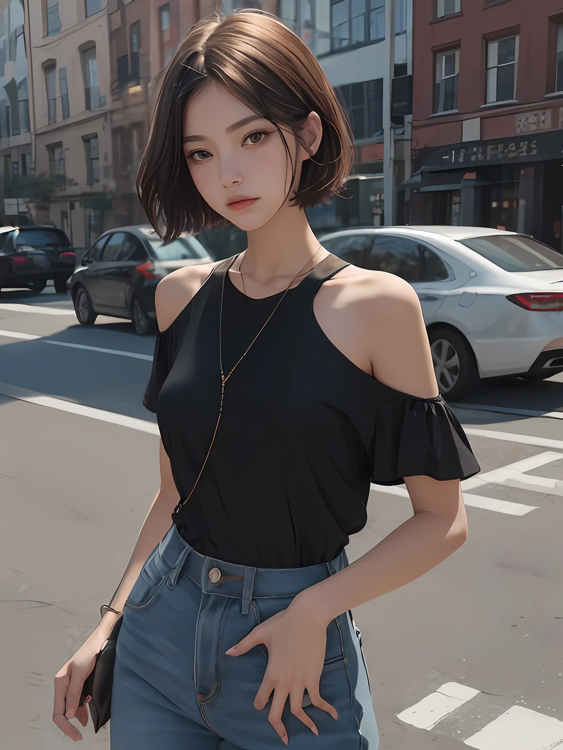 offcial art,Short hair girl,The style of the clothes is black,Skinny dark jeans,Short hair to the shoulders,The ends of the hair are dyed orange,is in night,Overall dark black tone,8k 壁纸,Beauty and aesthetics,tmasterpiece,Best quality at best,Static angle,Raised sexy,Fauvistdesign,atmospurate,Wait on a motorcycle,Riding a black motorcycle,There is a pink bear on the back of the motorcycle,The girl holds a helmet in her hand,Waiting