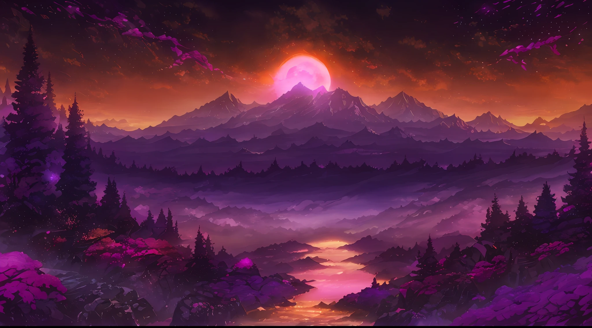 forest, night, multiple creeks, wet air, birds, (scarlet sunset), crystal clear water, glowing particles, scenery, (vast gradient skies:1.05), (mountains:0.8)