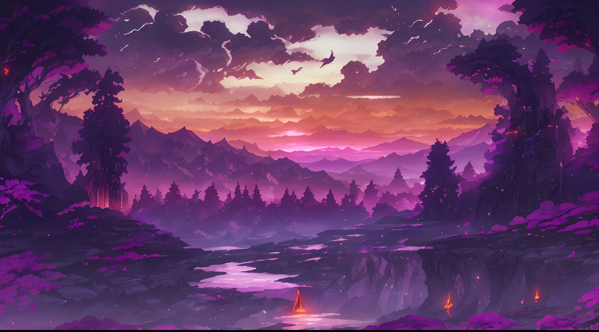 forest, night, multiple creeks, wet air, birds, (scarlet sunset), crystal clear water, glowing particles, scenery, (vast gradient skies:1.05), (mountains:0.8)