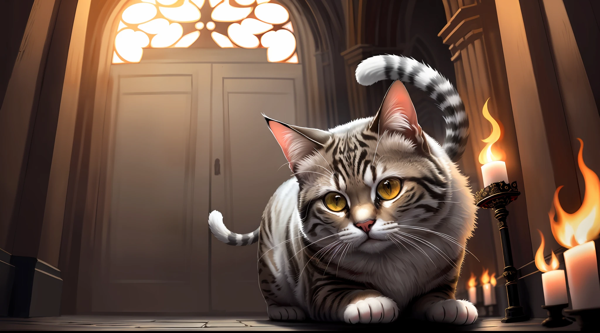 extremely detailed 8k wallpaper), intricate, richly detailed, dramatic, Cat with white kimono, ready for combat, Sinister face is drawn with only a pair of red eyes peeking underneath, graphics insanely, light is reflected in the ornaments, bright ashes ooze from the torches in the vaulted passage during the leisurely walk through the gloomy cathedral, Show the whole person with some distance from the surroundings to get your own license.