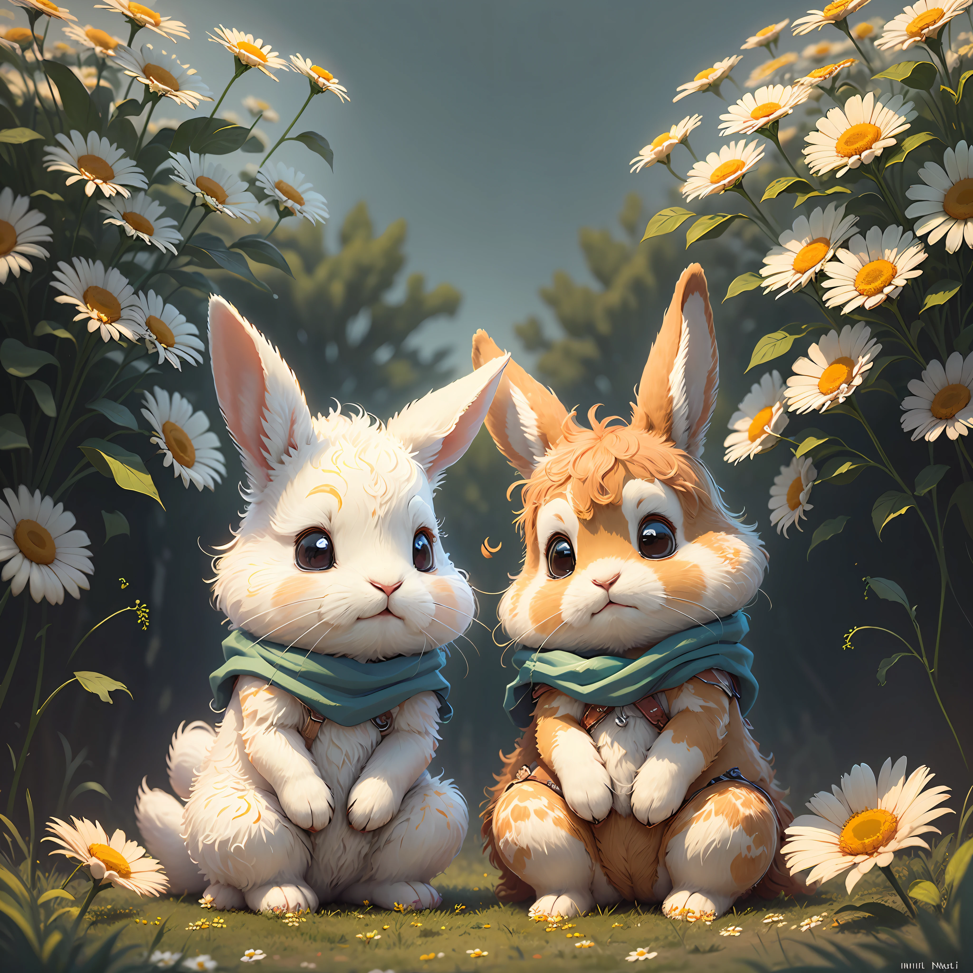 Create an endearing rabbit character reminiscent of the illustrations in "Inai Inai Baa." Show it sitting on its hind legs, holding a daisy and wearing a gentle, friendly smile. (--prompt "Inspired by the illustrations in 'Inai Inai Baa,' generate an endearing rabbit character sitting on its hind legs, holding a daisy, and wearing a gentle, friendly smile.") --auto --s2