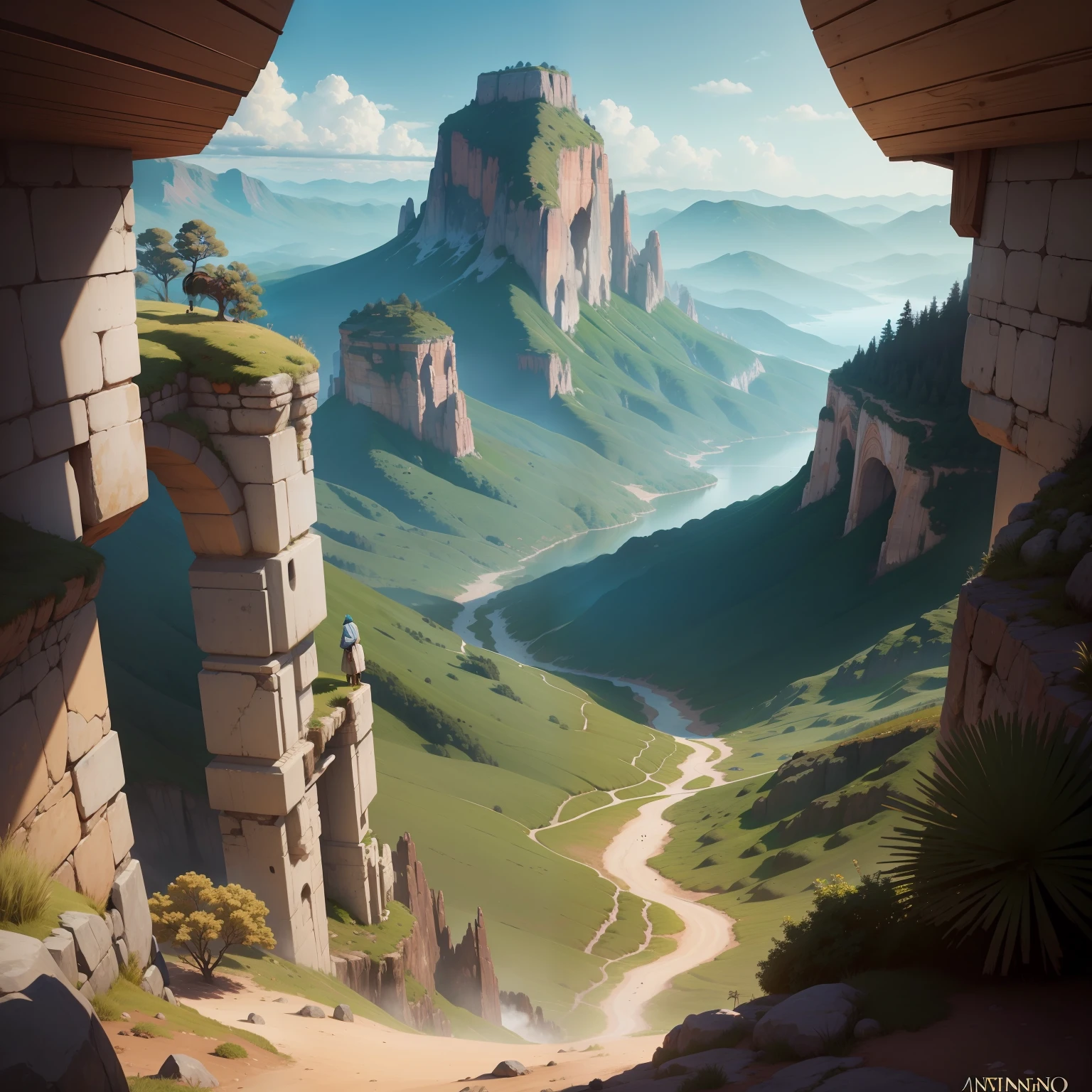 Paisagem de jogo, cenario montanhoso ceu azulado, personagem encima da montnha de perto com lindo horizonte
