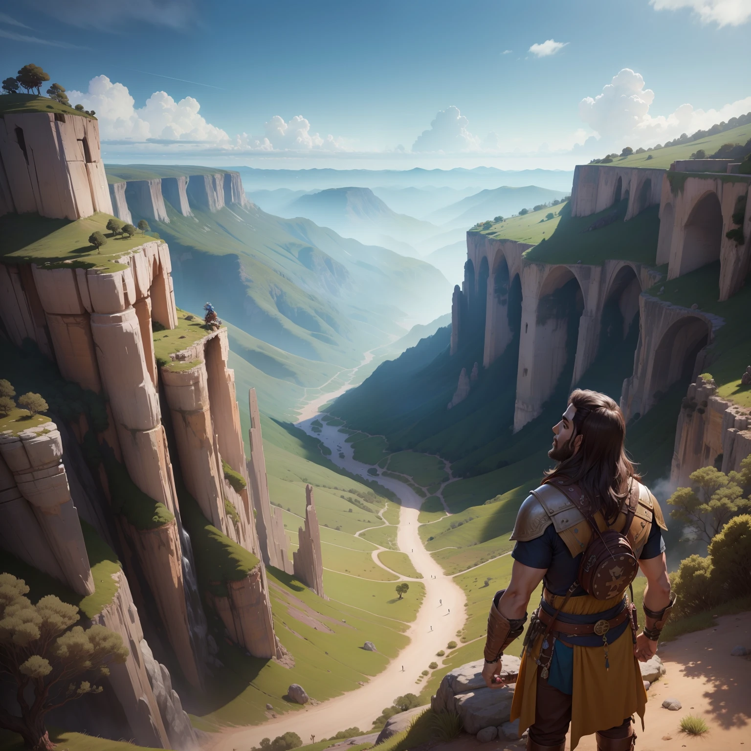 Paisagem de jogo, cenario montanhoso ceu azulado, personagem encima da montnha de perto com lindo horizonte
