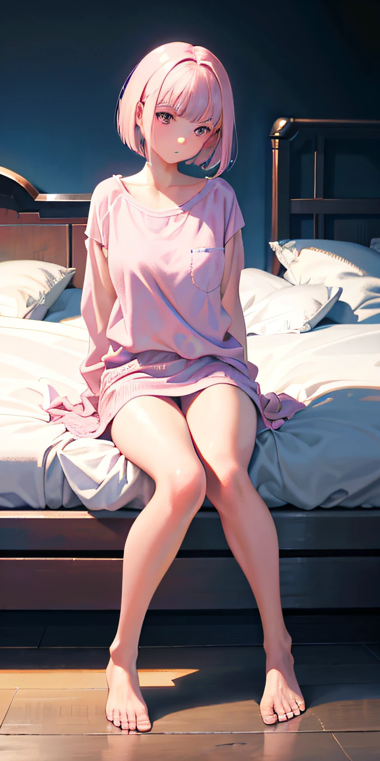 18 years old girls,tmasterpiece,Shy face,Bob Head,Light pink shirt,No bra,did not wear panties,The lower body is naked,Bare legged,Barefoot,sit on a bed,Snow-whiteskin,overcast day,with pink hair,a pink eyes,thick thight