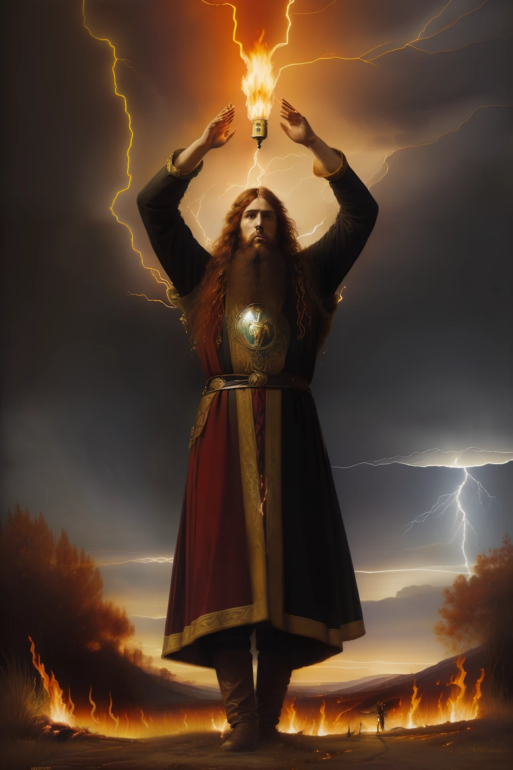 (((Pre-Raphaelite painting of a druid with arms raised holds a torch of fire, vestes vermelhas, Lightning crosses the sky, espinheiro-negro, predominance of red tones))) paisagem celta, clouds and mist