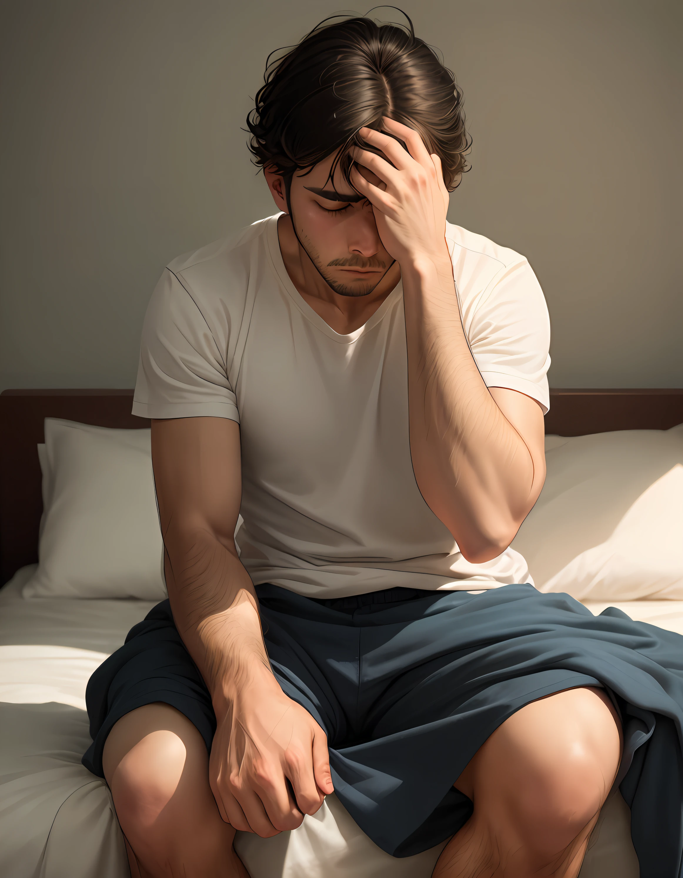 A man sitting on a bed with his head down, sad and thoughtful.