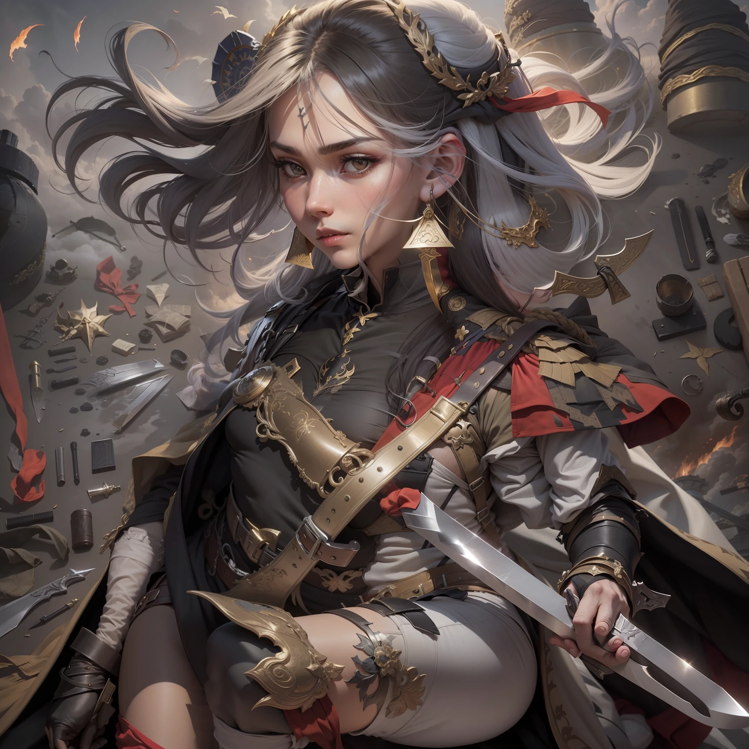 3 d model,Cupcakes, arma, The sword, halter, holdingweapon, 32K, Linen cloak, Top quality, Masterpiece:Faust,,1boys, long whitr hair, clouds, On your stomach, (tmasterpiece,k hd,hyper HD,16k),clutching a sword, buliding, Reflectors, bloods, Eastern Asia, Weapon focus, Skysky, brunette color hair, knifes, trouser, firey, banya, The clothes ar, bandagens, sword sheath, Masks, 独奏