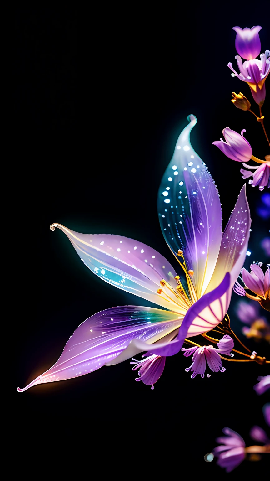 branch of delicate lilac flowers, super transparent, holy light, beautiful spectral light, petals glow, flashing, dark background, drops of transparent light, reflective light, bright, light streaming in, optics, portrait profile, sharp focus, magical, intricate, ultra realistic, fantasy, composition, light, trend on artstation, pearl, patronus cloud of silvery vapor, corrosive enveloping ray family, 8k, ureal ar 23v4 uplight