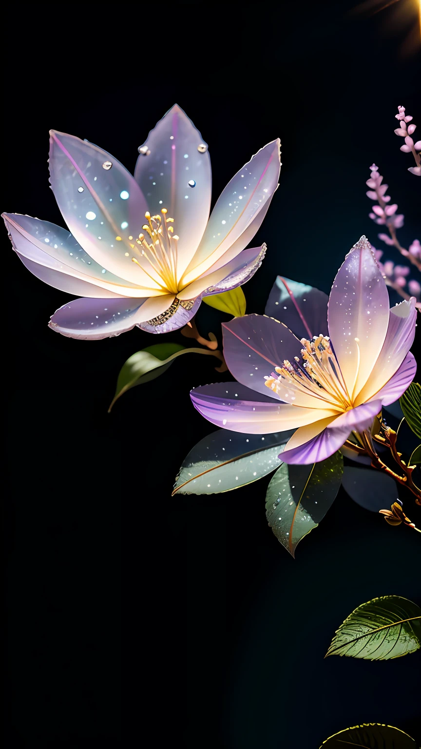 branch of delicate lilac flowers, super transparent, holy light, beautiful spectral light, petals glow, flashing, dark background, drops of transparent light, reflective light, bright, light streaming in, optics, portrait profile, sharp focus, magical, intricate, ultra realistic, fantasy, composition, light, trend on artstation, pearl, patronus cloud of silvery vapor, corrosive enveloping ray family, 8k, ureal ar 23v4 uplight