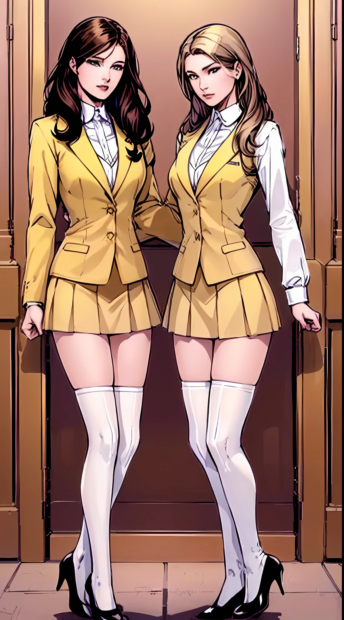 ((Masterpiece, highres)), 2girls, duo, twins, ((one brown haired girl, one blonde girl)), long hair, curly hair, matching hairstyles, different hair color, confident, elegant, rich girls, emotionless, arms at sides, straight backs, (((matching outfits, identical outfits, yellow school uniforms, sexy school uniforms, yellow blazer, yellow short skirt, white thighhighs, long white socks, black high heels))), standing at attention, shoulder to shoulder, same pose, mansion