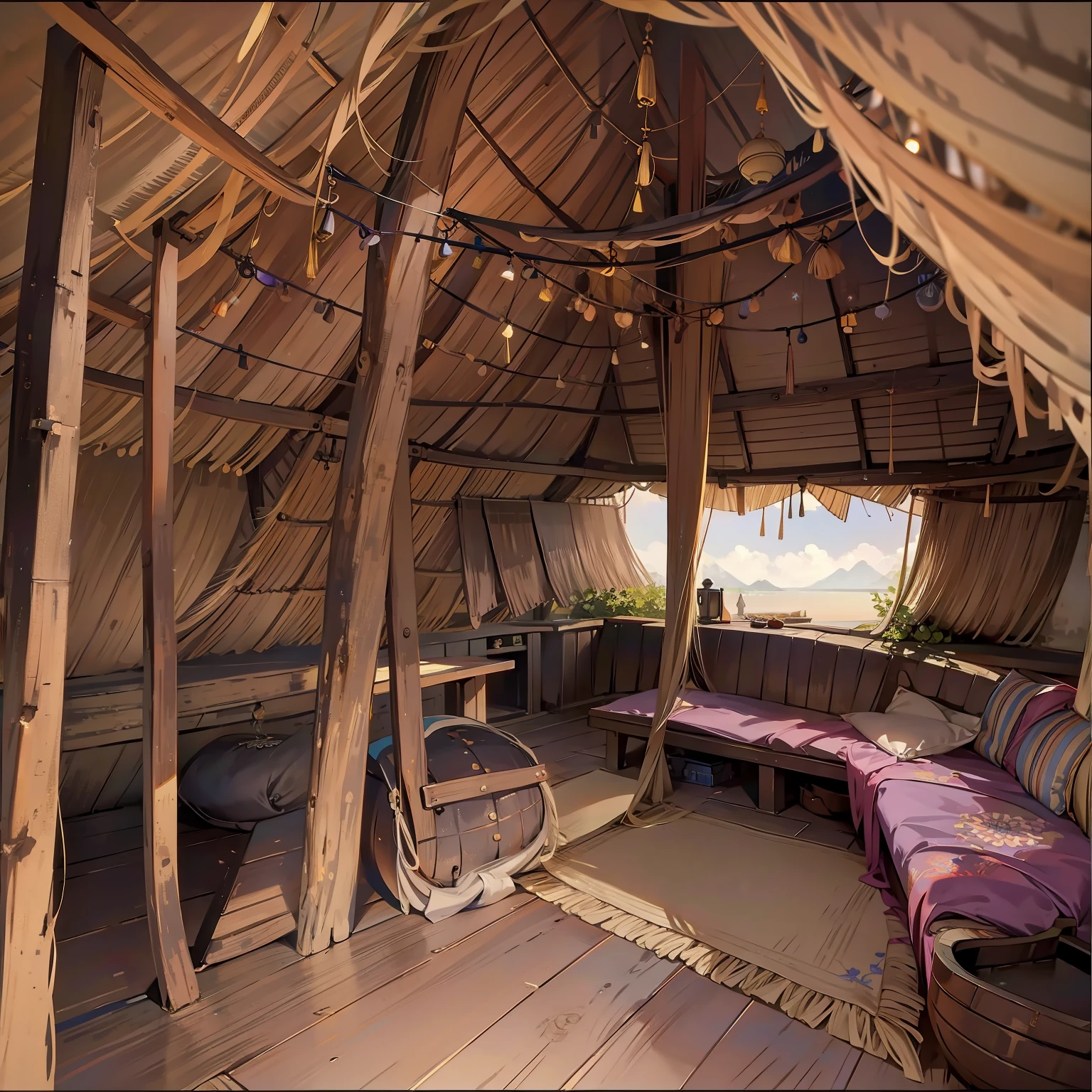 (Inside a thatched hut)