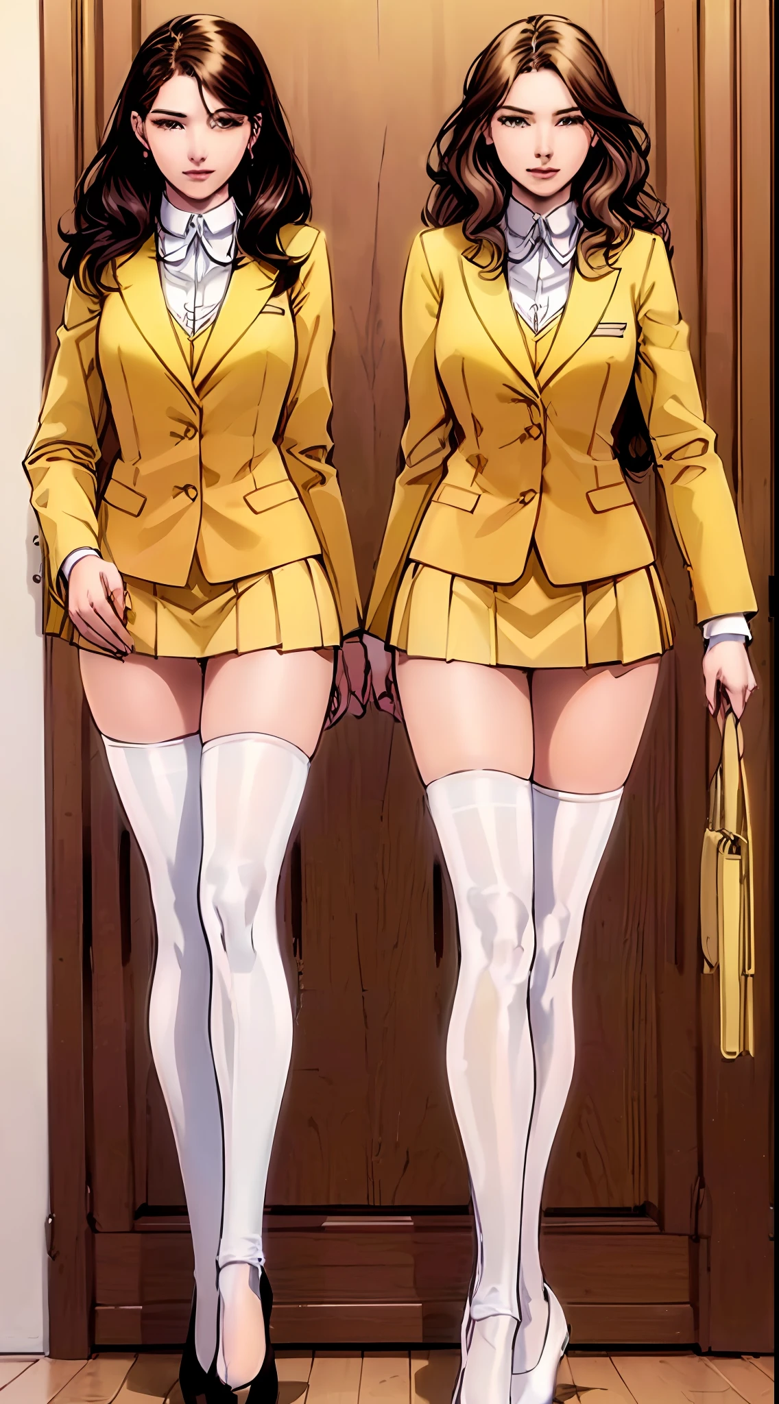 ((Masterpiece, highres)), 2girls, duo, twins, ((one brown haired girl, one blonde girl)), long hair, curly hair, matching hairstyles, different hair color, confident, elegant, rich girls, emotionless, arms at sides, straight backs, (((matching outfits, identical outfits, yellow school uniforms, sexy school uniforms, yellow blazer, yellow short skirt, white thighhighs, long white socks, black high heels))), standing at attention, shoulder to shoulder, same pose, mansion