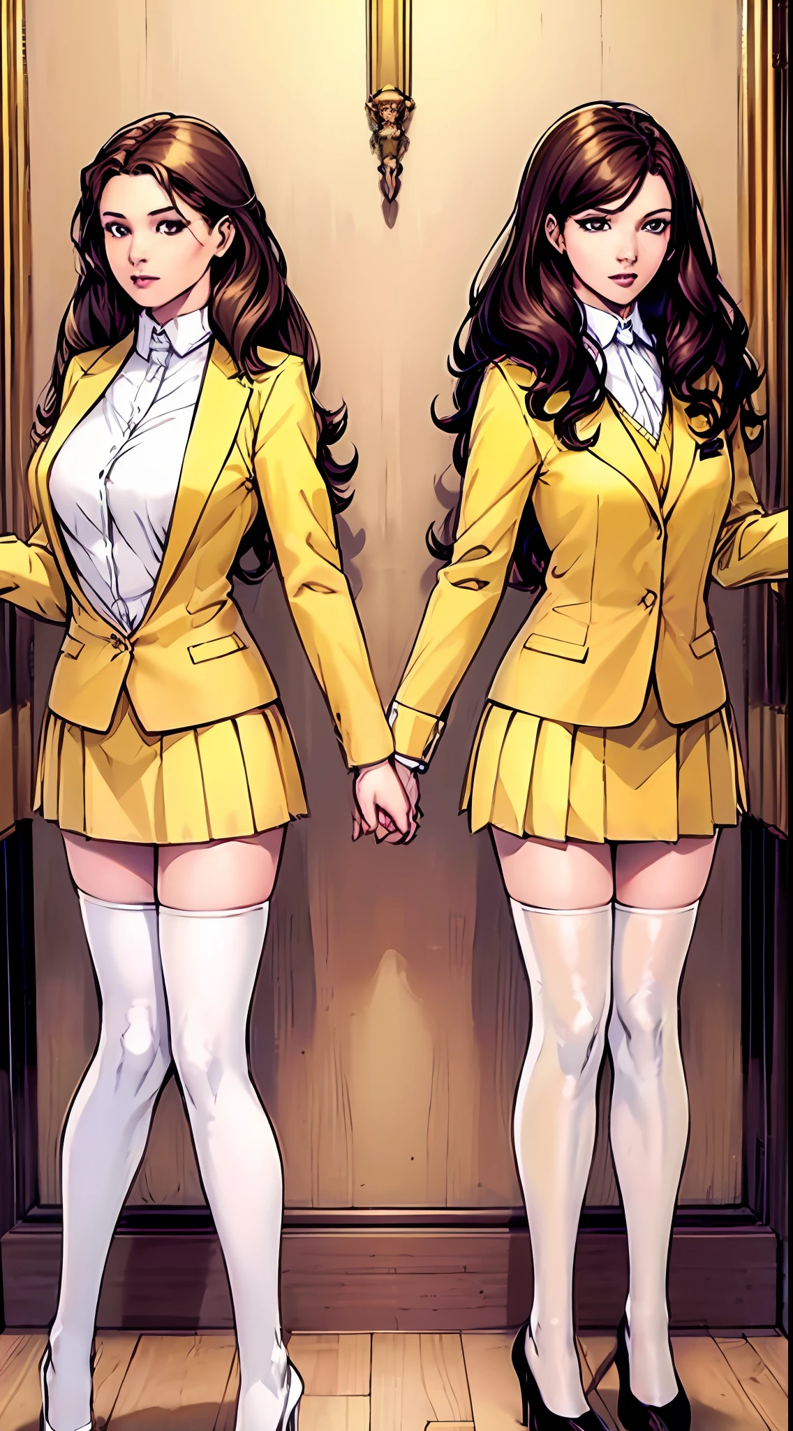 ((Masterpiece, highres)), 2girls, duo, twins, ((one brown haired girl, one blonde girl)), long hair, curly hair, matching hairstyles, different hair color, confident, elegant, rich girls, emotionless, arms at sides, straight backs, (((matching outfits, identical outfits, yellow school uniforms, sexy school uniforms, yellow blazer, yellow short skirt, white thighhighs, long white socks, black high heels))), standing at attention, shoulder to shoulder, same pose, mansion