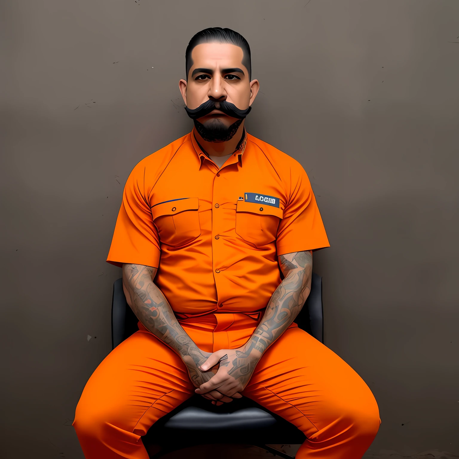 um homem de 38 anos, of Mexican descent;, cabelo preto curto, black eyes and English mustache, com tatuagens por todo o corpo, is wearing an orange uniform, and is sitting in a prison saddle, is looking directly at the camera, imagem ultra realista , 8k
