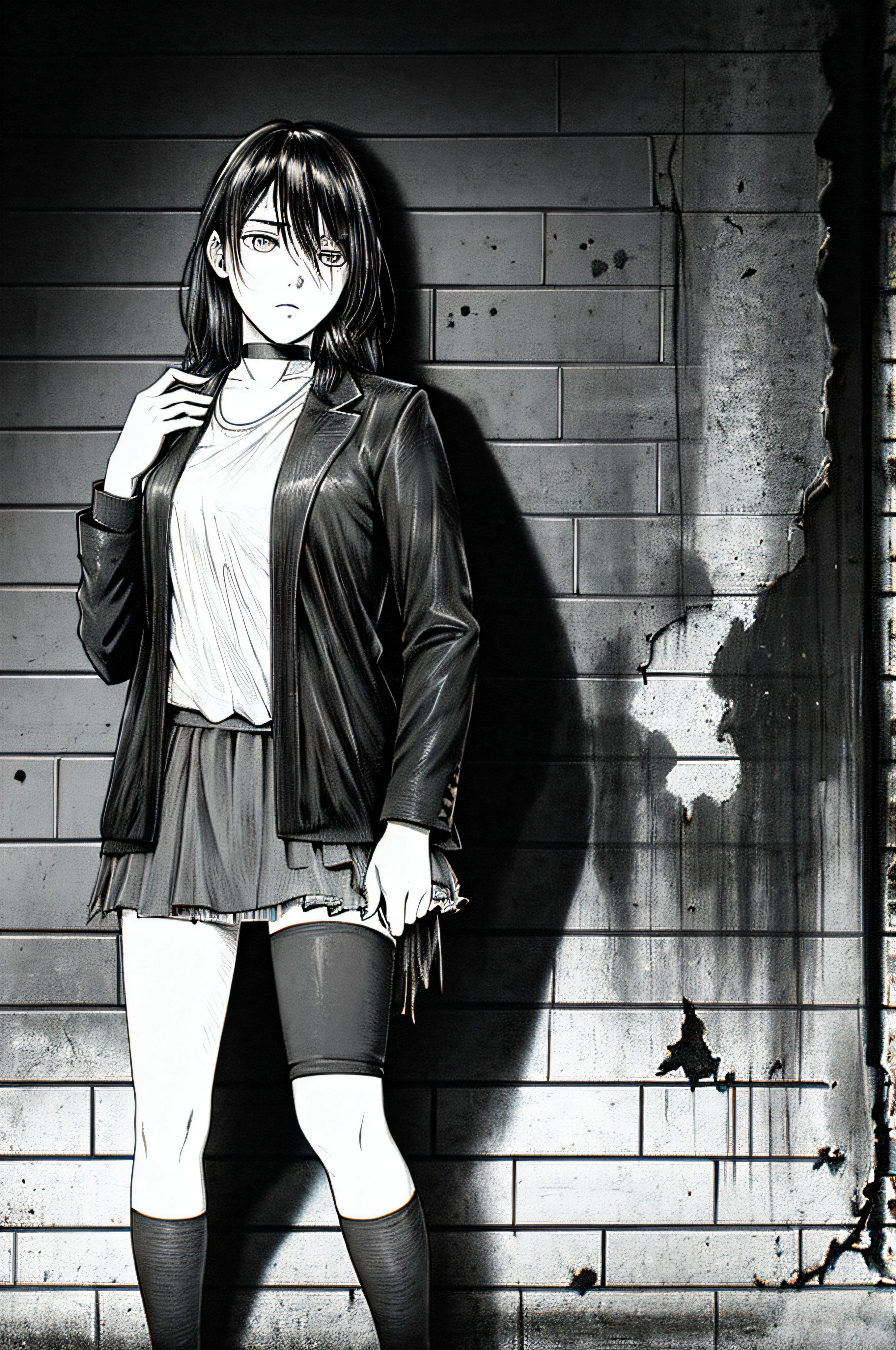 best quality, intricate details, lineart, monochrome,
1girl, long hair, black hair, messy hair, hair over one eye, sharp eyes,
choker, shirt, torn legwear, open jacket,
against wall, brick wall, graffiti, dim lighting, alley