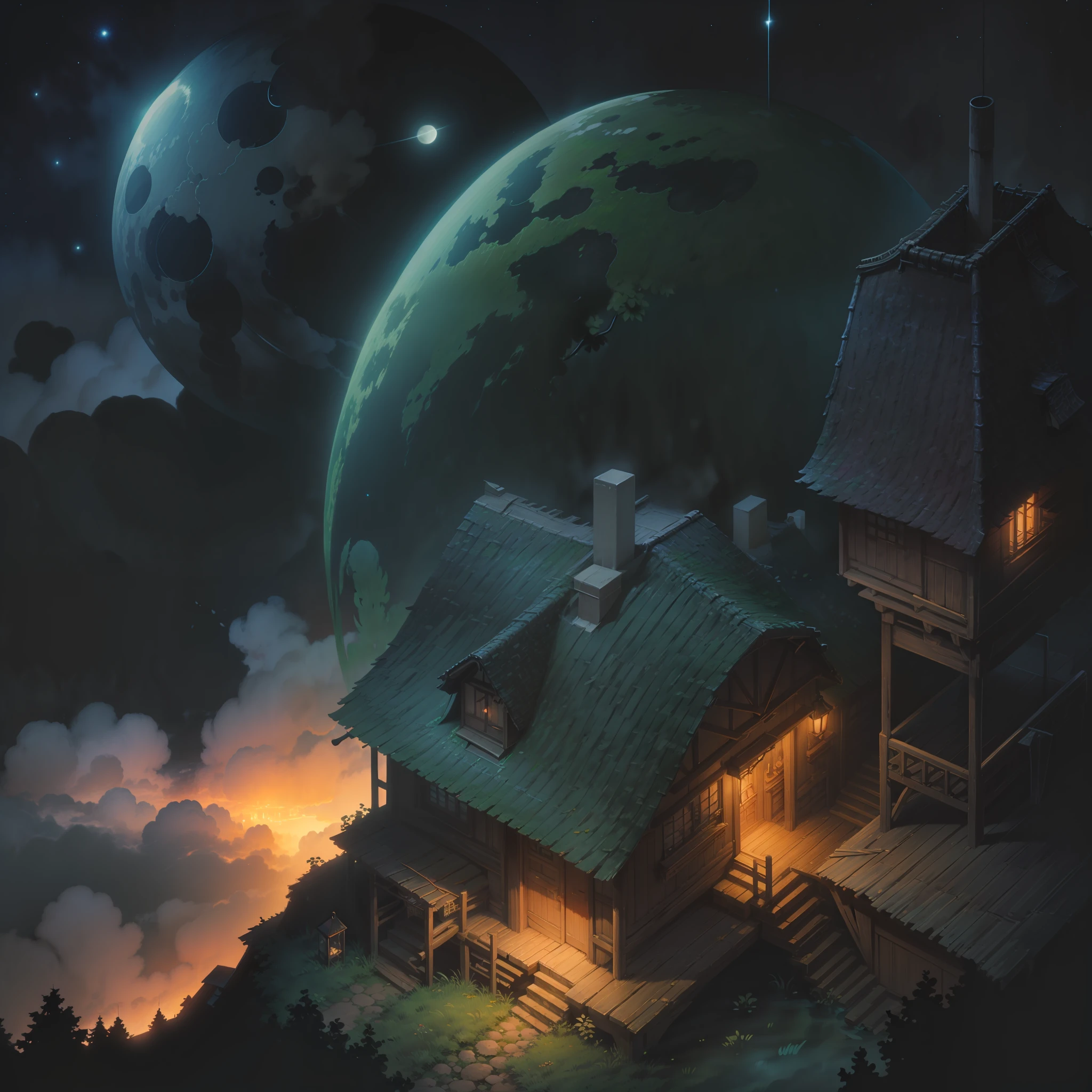 Future city, in the middle of the forest, with a view of the planet's sky, at night