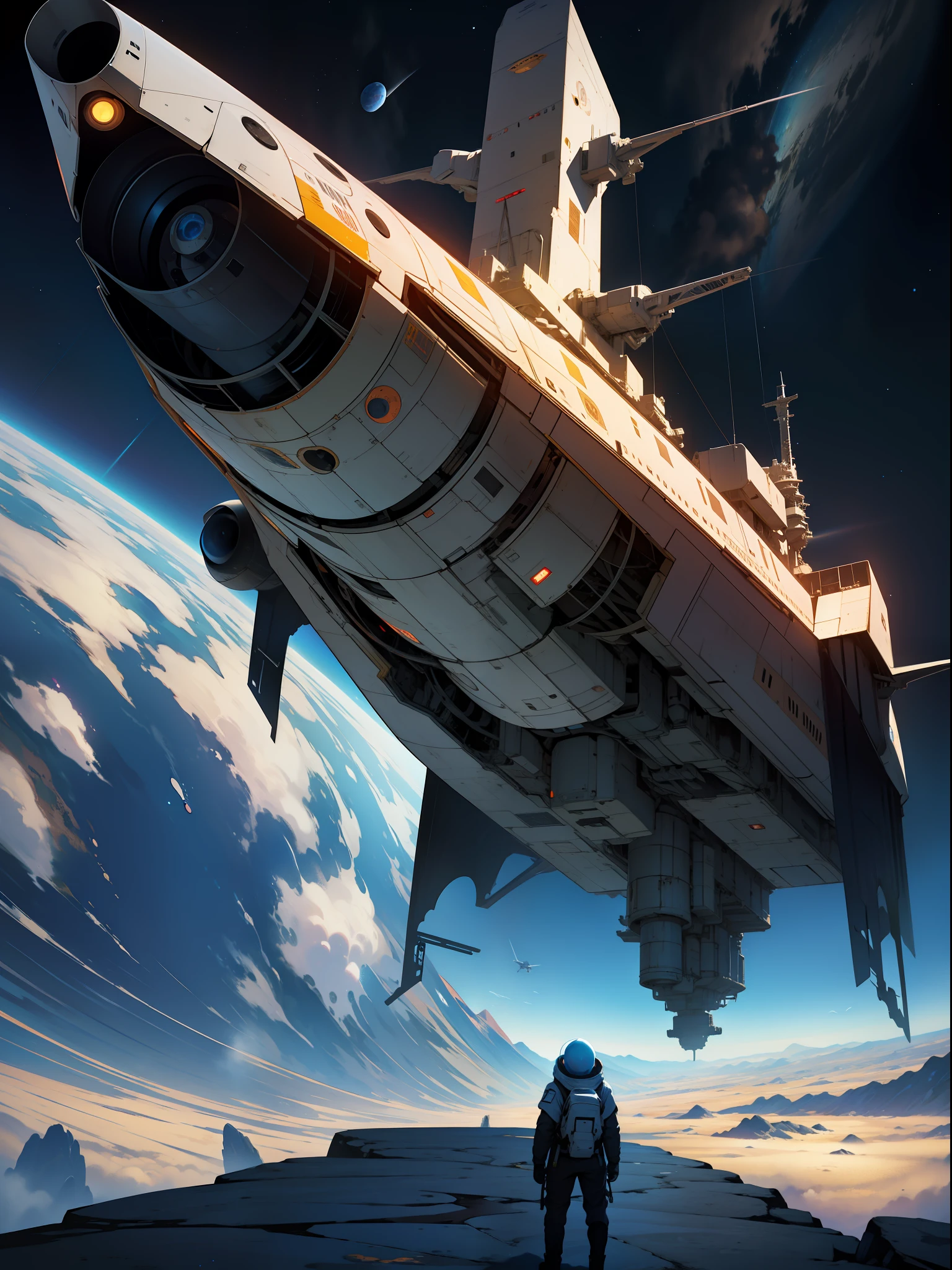 in outer space,A huge sci-fi spaceship stops next to a planet,