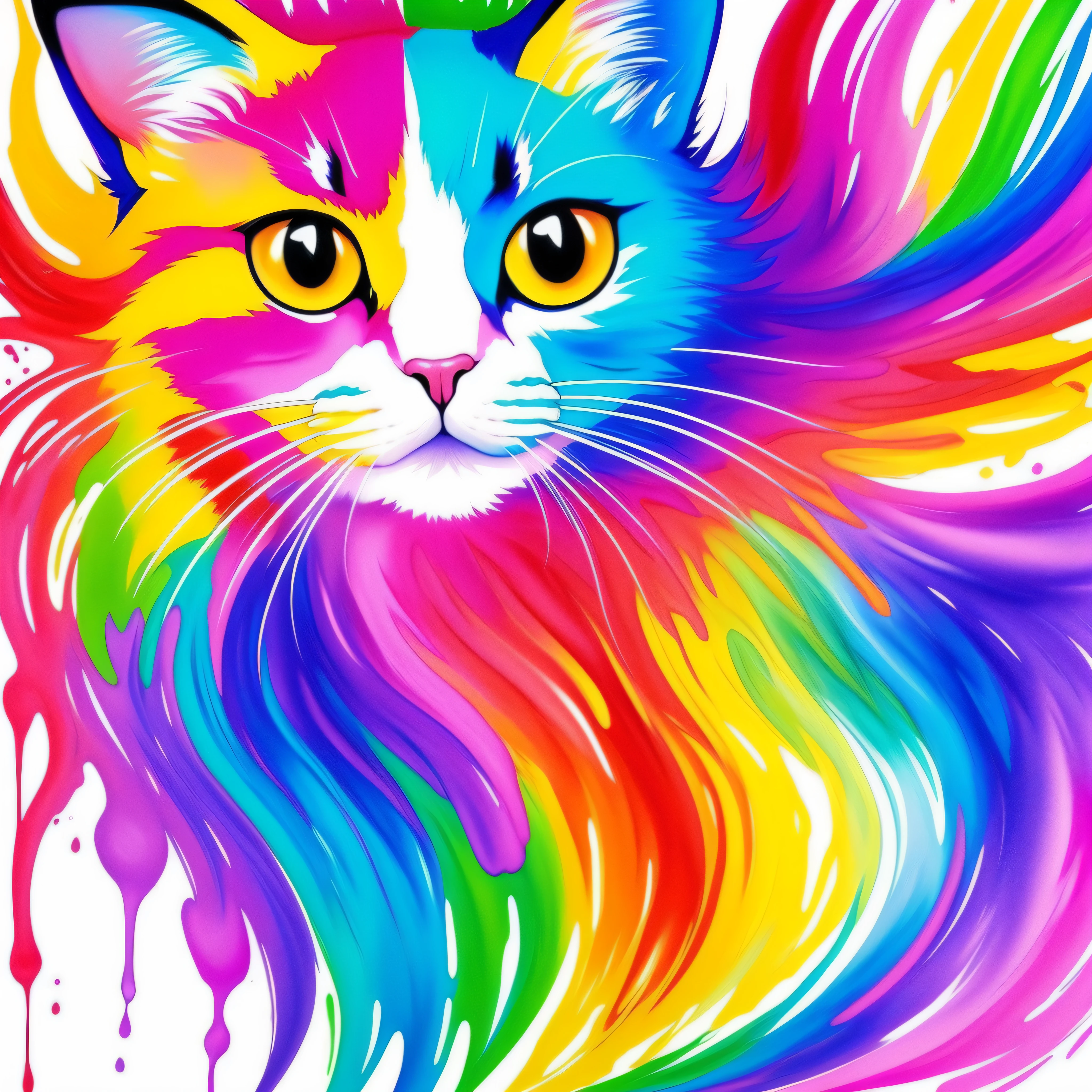 Painting of a cat splashing colorful paint on its face, Portrait of Lisa Frank, Airbrush Artwork, Airbrush on canvas, Cat painting, airbrush painting, light watercolor, Cat painting, Soft Airbrush Artwork, liquid cat, Lisa Frank Style, Airbrush Art, Painted in color isolated on white background