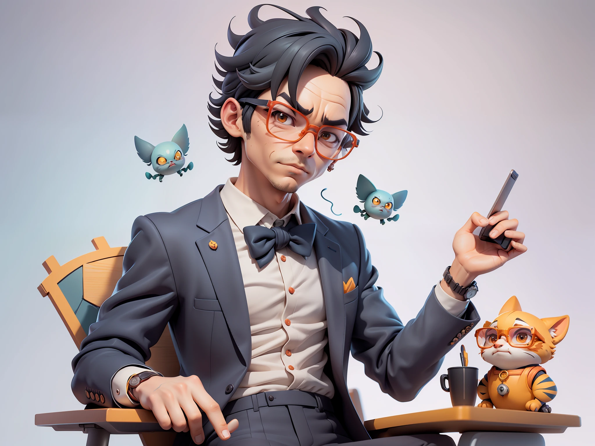 A young man in a suit, Short hair and glasses sat at his desk，holding laptop，digitial painting，tigre，3D character design by Mark Clairen and Pixar and Hayao Miyazaki and Akira Toriyama，4K HD illustration，Very detailed facial features and cartoon-style visuals。