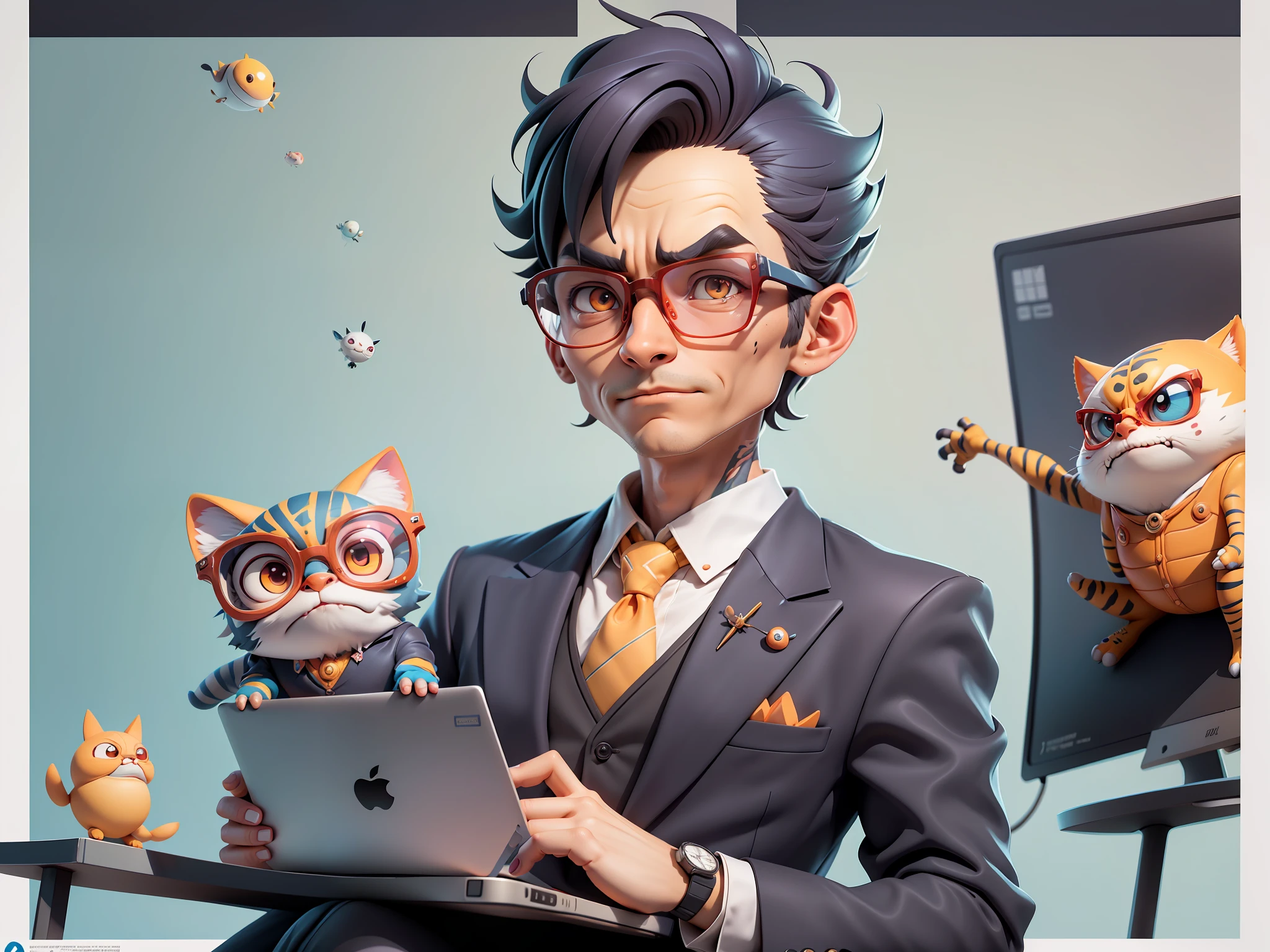 A young man in a suit, Short hair and glasses sat at his desk,holding laptop,digitial painting,tigre,3D character design by Mark Clairen and Pixar and Hayao Miyazaki and Akira Toriyama,4K HD illustration,Very detailed facial features and cartoon-style visuals。