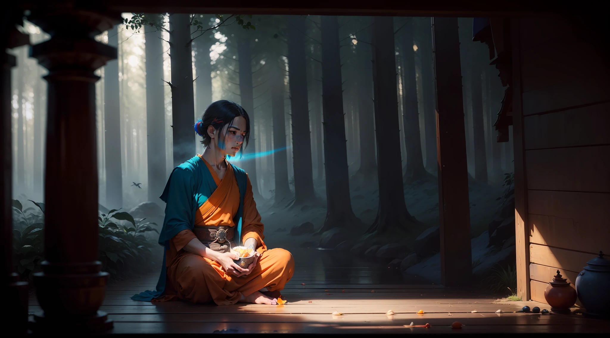 4 men Buddhist monk dressed as orange monks sitting on the ground in meditation position in a beautiful forest, montanhas, river and birds, raios de sol brilhantes no fundo, deslumbrante, emaranhado(tiro escuro: 1.4), 80mm, (tiro escuro: 1.4), 80mm, Epic realistic,, Paul Gauguin, van Gogh, arte de Greg Rutkowski e artgerm, soft Cinematic Light, Adobe Lightroom, Photolab, HDR, intrincado, altamente detalhado, (profundidade de campo: 1.4), (foto escura:1.22), cores neutras, (hdr:1.4), (cores silenciadas:1.4), (intrincada), (artstation:1.2), detalhes hiperdetalhados, Dramatic, intrincados, (technicolor:0.9), (rutkowski:0.8), cinemactic, detalhado, luz suave, sharper, exposure blending, medium shot, bokeh, (hdr:1.4), alto contraste, (cinemactic, azul-marinho e laranja:0.85), (cores silenciadas, cores fracas, tons calmantes:1.3), low saturation, (hiperdetalhada: 1.2), (noir:0.4), luz suave, sharper, exposure blending, medium shot, bokeh, (hdr:1.4), alto contraste, (cinemactic, azul-marinho e laranja:0.85), (cores suaves, cores fracas, tons suaves:1.3), low saturation, (hiperdetalhado:1.2), (noir:0.4), (detalhes intrincados:1.12), hdr, (detalhes intrincados, hiperdetalhados:1.15)