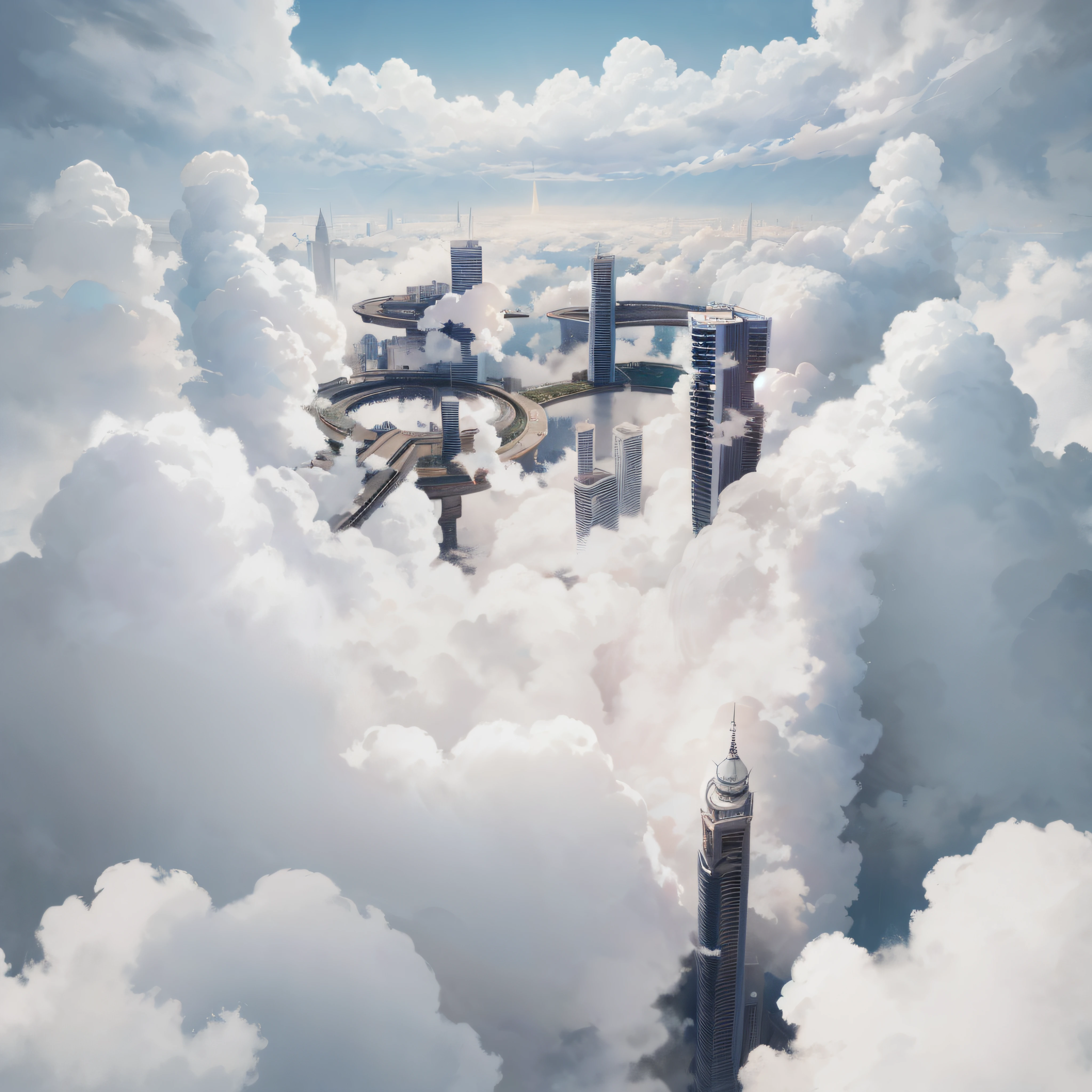 There is a picture of a city in the clouds,There are a lot of buildings, city in the clouds, floating city on clouds, a city in the clouds, Floating city in the sky, clouds and corrupted city behind, floating lands in-clouds, City in the Sky, lie on white clouds fairyland, optimistic matte painting, soaring above a dense city