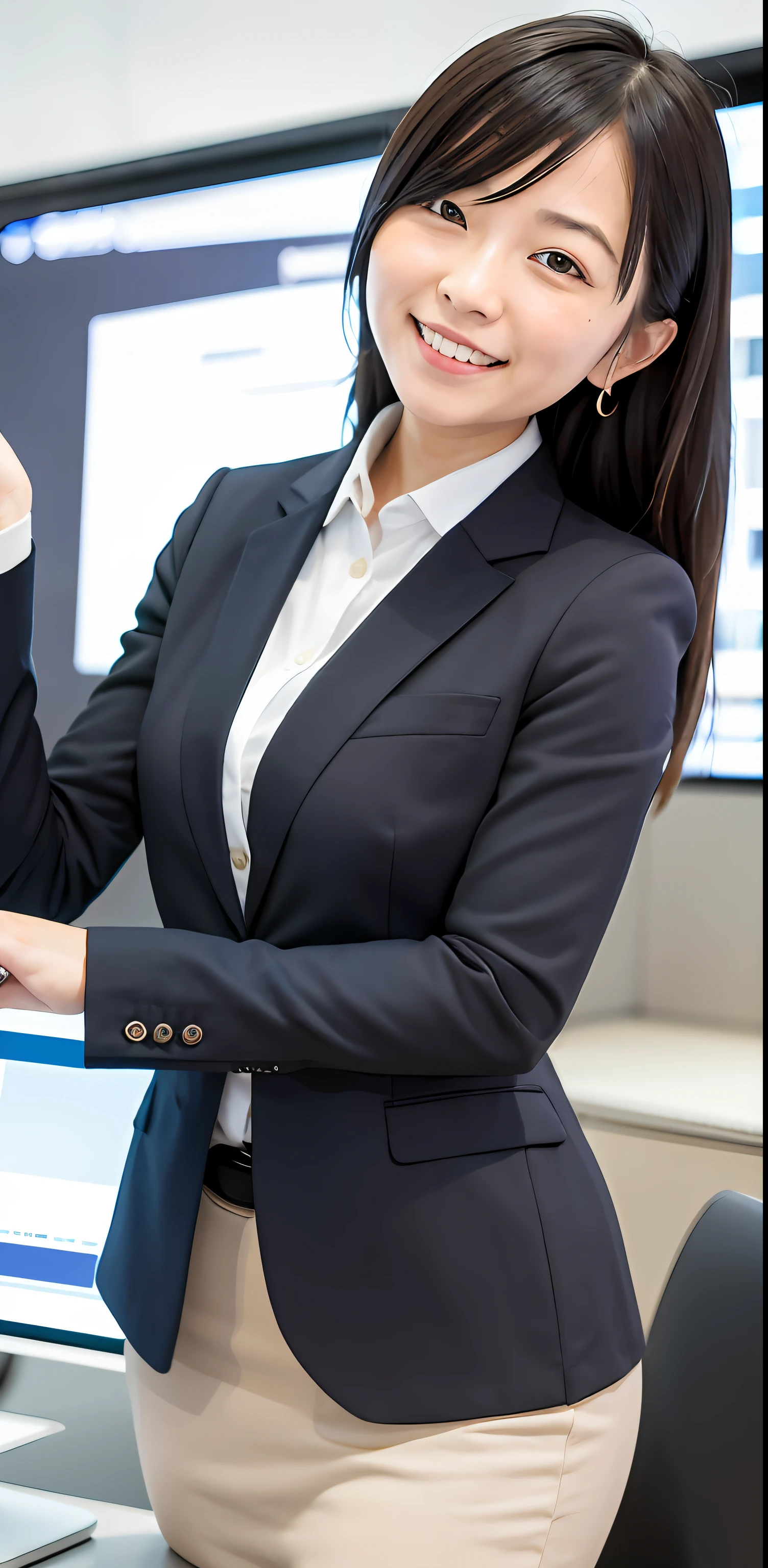 Masterpiece, imagine 27yo business woman is enthusiastically making a presentation in the front of large digital display in the digital office in Tokyo. Her beautiful and cute face. viewer looking, fine detail, detailed face