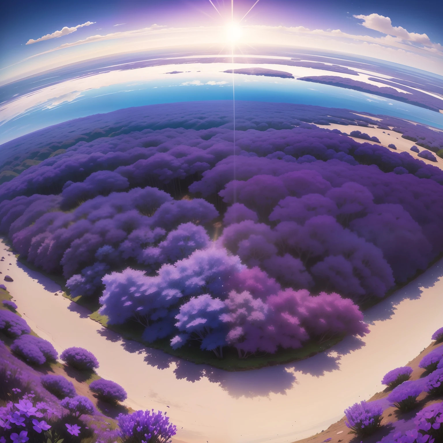 The ground level is full of blue-purple flowers,Overlooking,Overlooking,The picture is crystalline,Located in the sky heads-up,There are three or four white clouds arranged horizontally in front of you,The horizon located in the distance has shining sunlight,Purple sky but not bright,planar,Fall from a height,fanciful