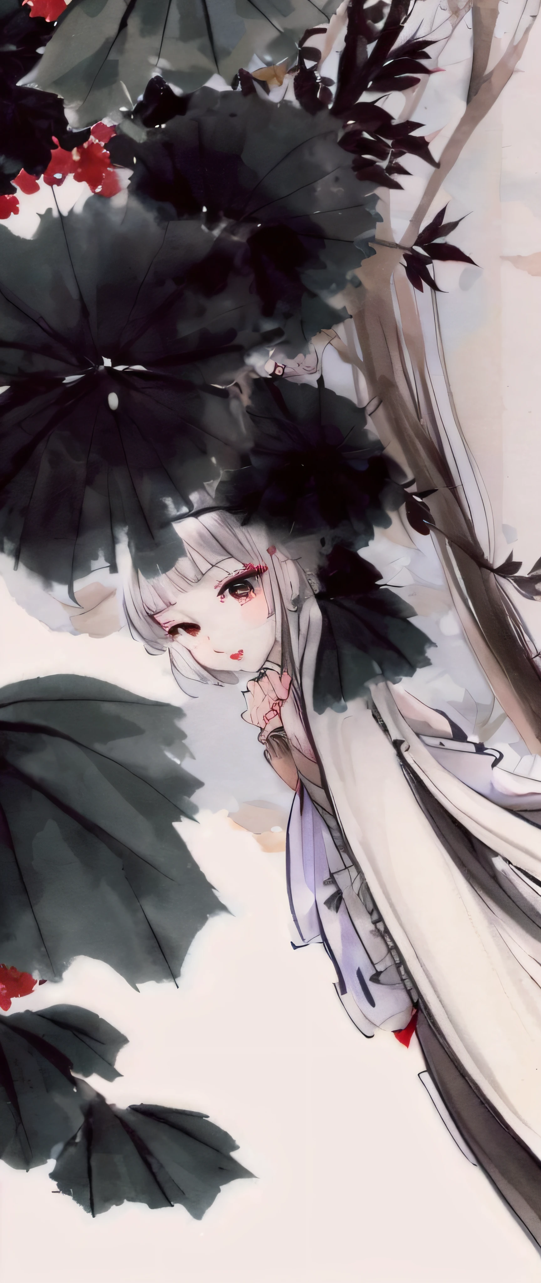 ((4k,masterpiece,best quality)), shuimobysim, Chinese painting, lotus, hanfu, maxiskit, dressed conservative 1 girl, solo, white hair, long hair, fox ears, white, bikini, fish, many fish close to the girl, looking at the audience, teasing