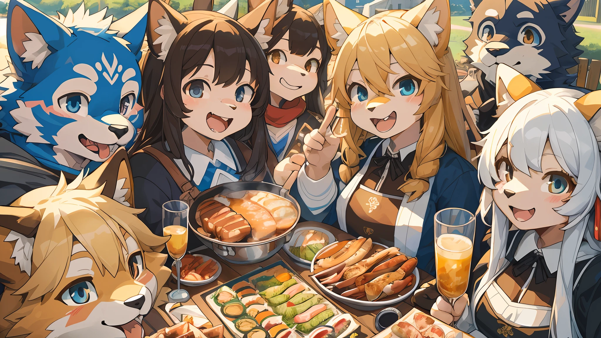 top quality, best quality, High-quality illustrations, masterpiece, super high resolution, detailed background, detailed background, BBQ, group shot:0.5, 6+boys, 6+girls, Happy, joyful, absurdres(highly detailed beautiful face and eyes)perfect anatomy(kemono, furry anthro)selfie:0.2,