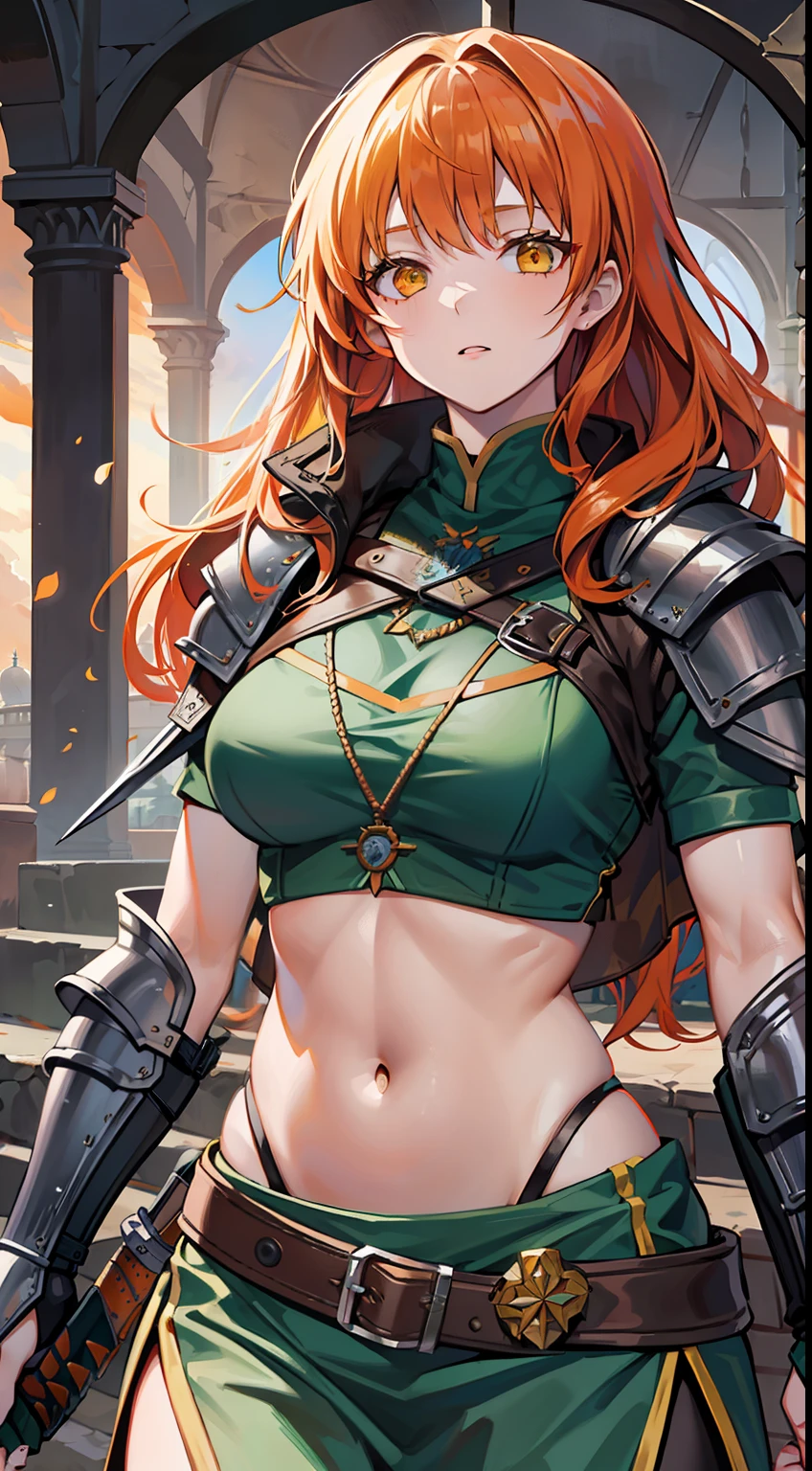 adult girl, long curly orange hair, The Witcher's Yellow Eyes, Green sleeveless top, open belly, musculature, leather armour, sword, Masterpiece, hiquality