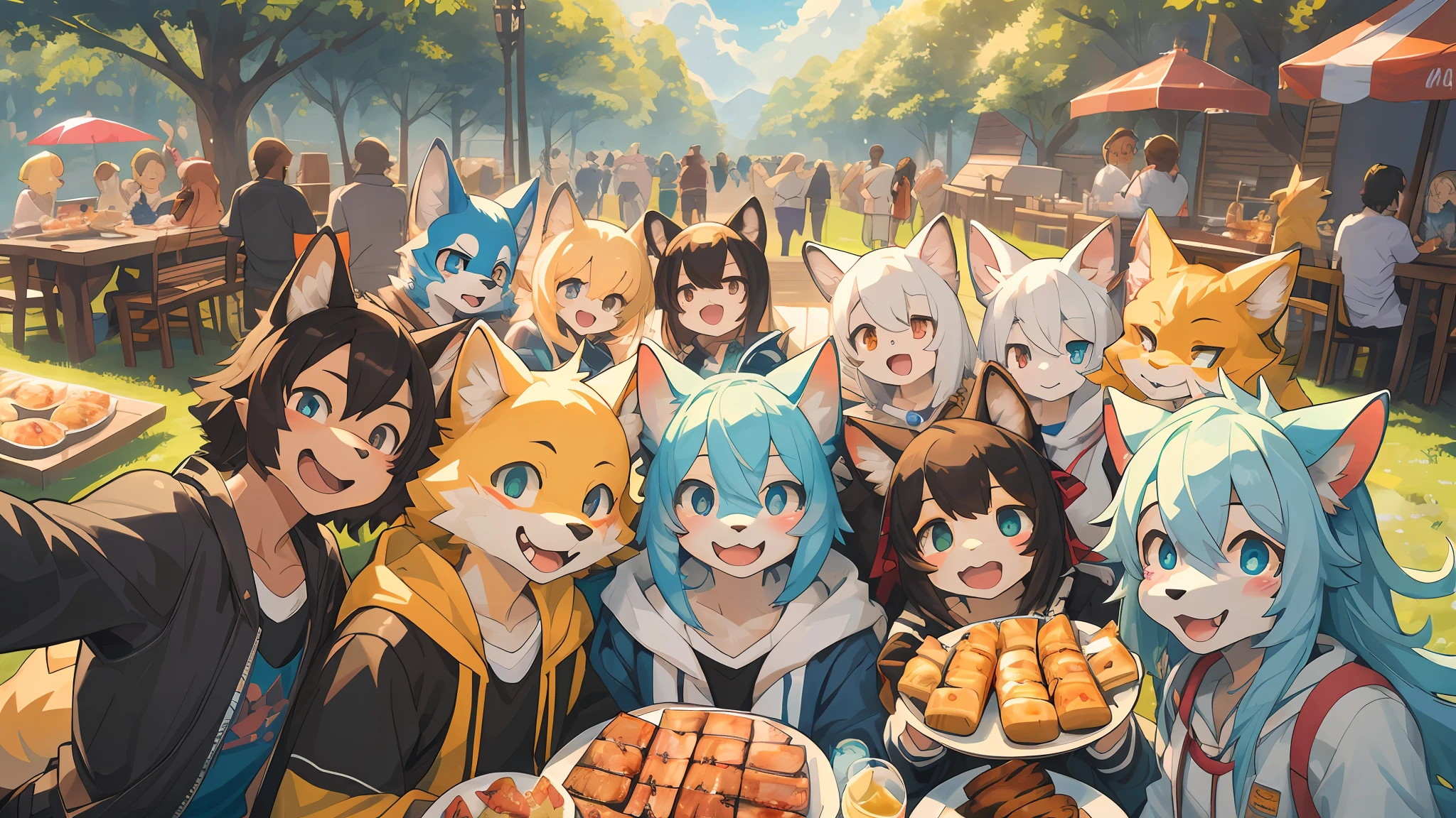 top quality, best quality, High-quality illustrations, masterpiece, super high resolution, detailed background, detailed background, BBQ, group shot:0.5, 6+boys, 6+girls, Happy, joyful, absurdres(highly detailed beautiful face and eyes)perfect anatomy(kemono, furry anthro)selfie:0.2,