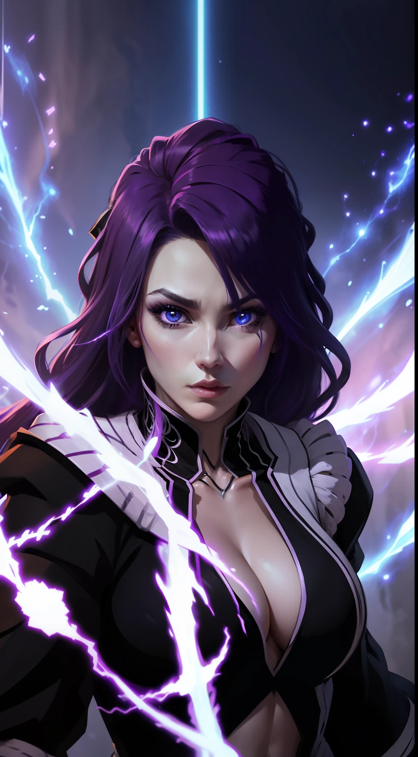 A sorceress of imposing stature emerges with her long, purple hair adorned by white streaks that look like tangled lightning. Her hypnotic eyes are a captivating blend of blue, roxo e vermelho, emanando uma aura sinistra. Wearing an elegant black suit with Gothic details, sua capa flui suavemente como sombras escuras, while in her fists she carries the powerful symbols of the three witches, symbolizing their unique unification.