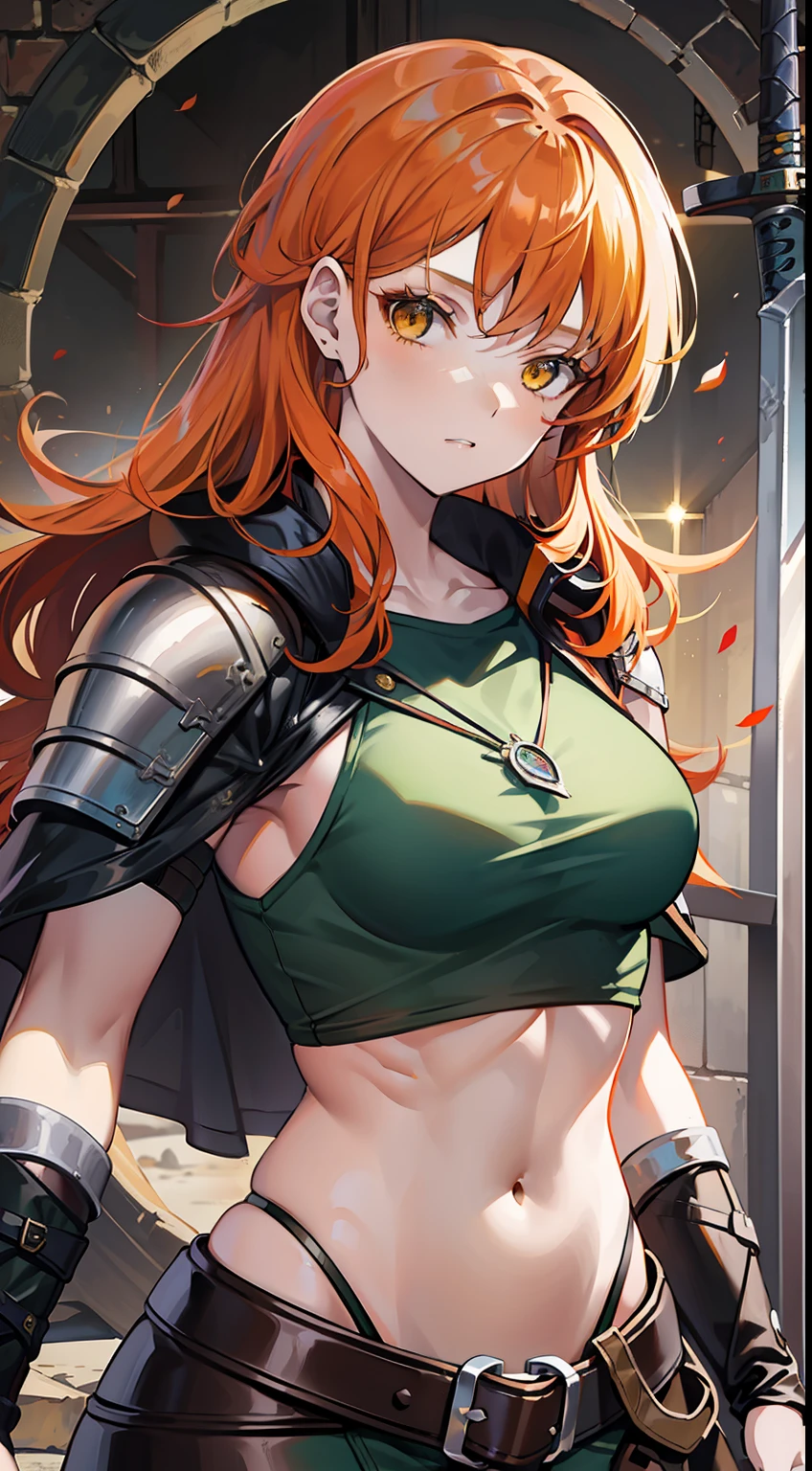 adult girl, long curly orange hair, The Witcher's Yellow Eyes, Green sleeveless top, open belly, musculature, leather armour, sword, Masterpiece, hiquality