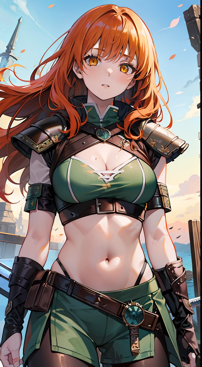 adult girl, long curly orange hair, The Witcher's Yellow Eyes, Green sleeveless top, open belly, musculature, leather armour, sword, Masterpiece, hiquality