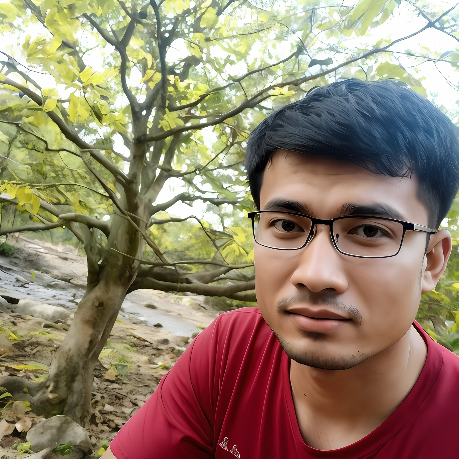 arafed man in red shirt sitting in front of a tree, hoang long ly, 2 , 2 7 years old old, dao trong chanthara, with a tree in the background, dzung phung dinh, amidst nature, 3 2 years old, in front of a forest