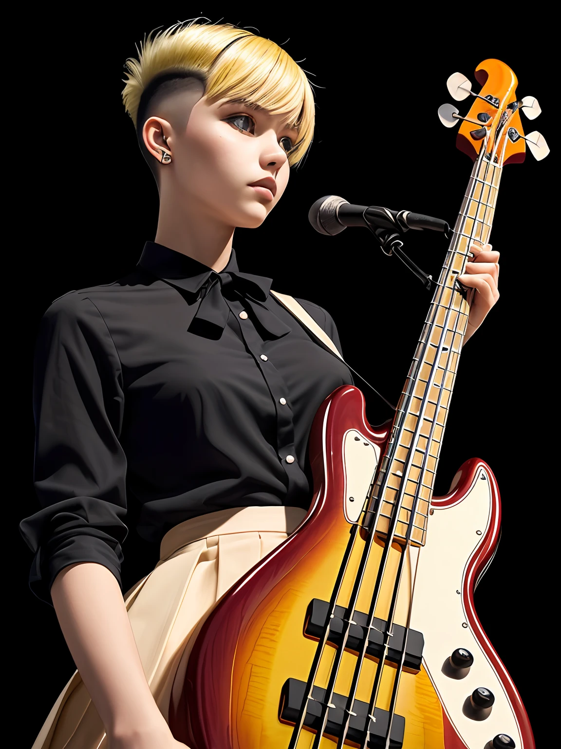 An 18-year-old woman,(hi-top fade:1.3),Dyed blonde hair, (Play the electric bass, 4 strings), Dark theme, Muted colors, High contrast, (Tuttos skin texture, Hyper-Realism, Soft light, sharp), blouse、pleatedskirt、Ribbon Ties
