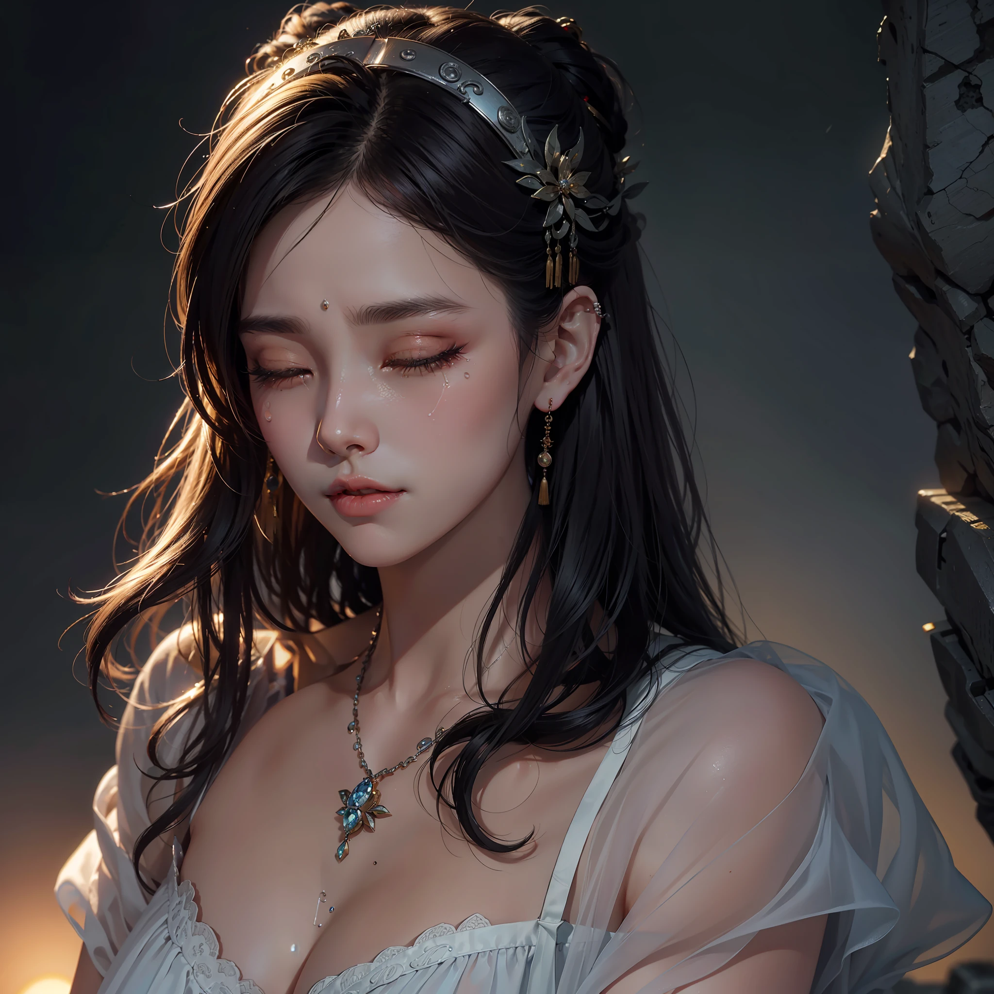 tmasterpiece,ultra fine photos,best qualtiy,超高分辨率,photorealistic realism,An ancient beauty,the setting sun,early evening,(((very vey very detailed face))),((A sad expression))),chineseidol,Chinese face,sad,beatiful detailed eyes,With his eyes closed,Sad eyes,Disappointed expression,crying, unconscious, sobbing, ((Big tears)),(((very vey very detailed face))),((very detailed eyes and faces))),beatiful detailed eyes,,messy hair,misty background,highly detailedskin,Realistic details of skin,Visible pores,Clear focus,volume fog,8k uhd,digital SLR camera,high qulity,filmgrain,White skin of the,photo-realism,lomography,A huge metropolis of the dystopia of the future, look from down,semi transparent